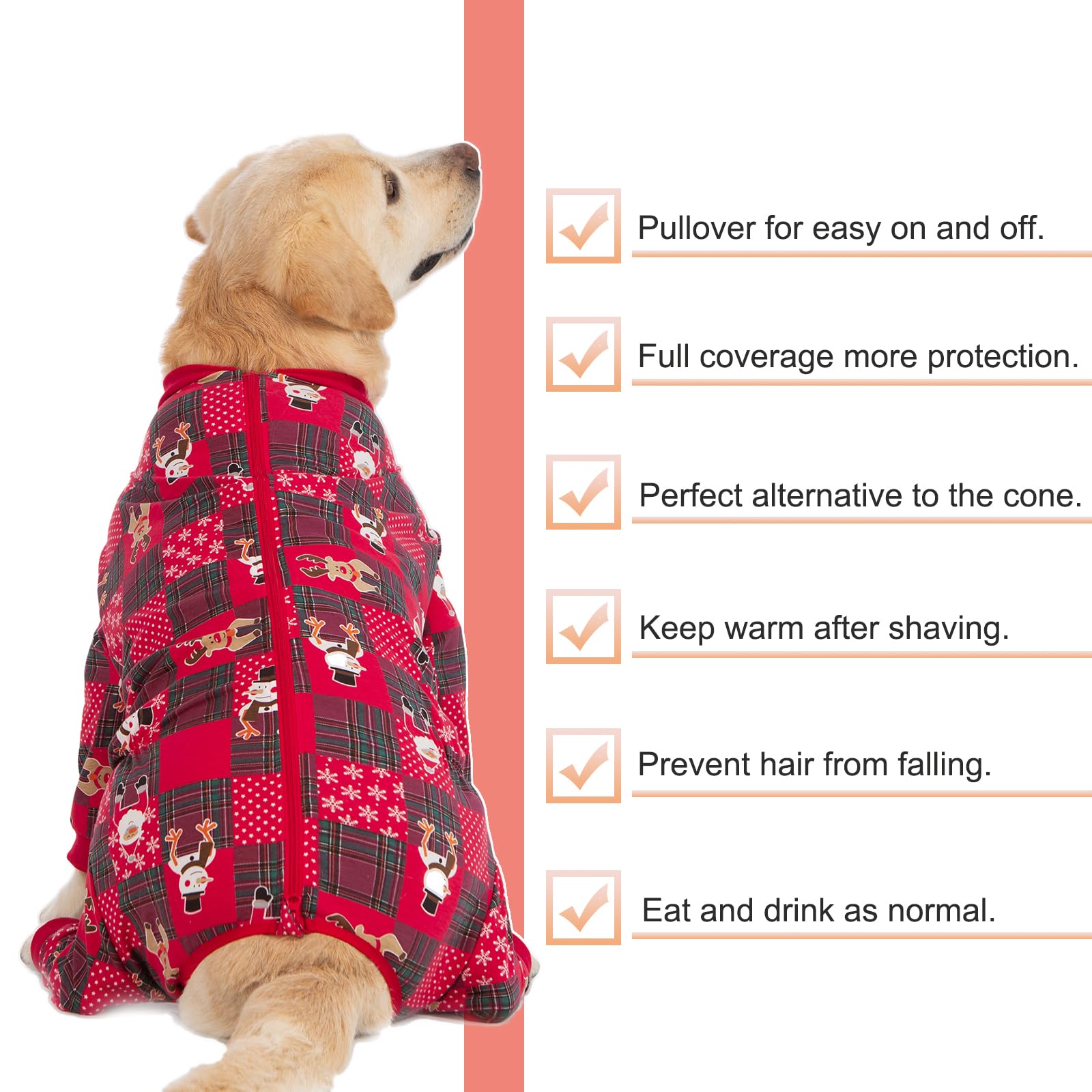 Yeapeeto dog recovery-suit Xmas-red-4xl shown on large dog for visibility