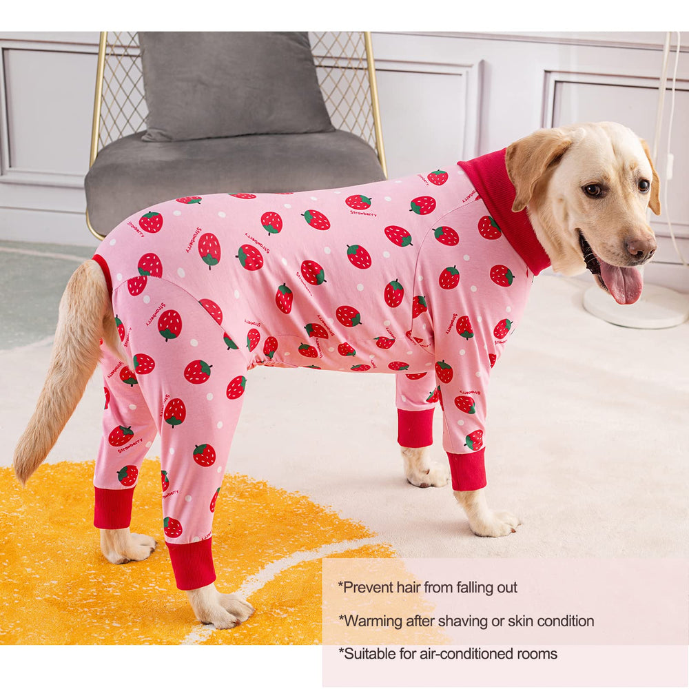 Yeapeeto dog recovery suit strawberry 4XL on-dog sitting demonstrates secure fit