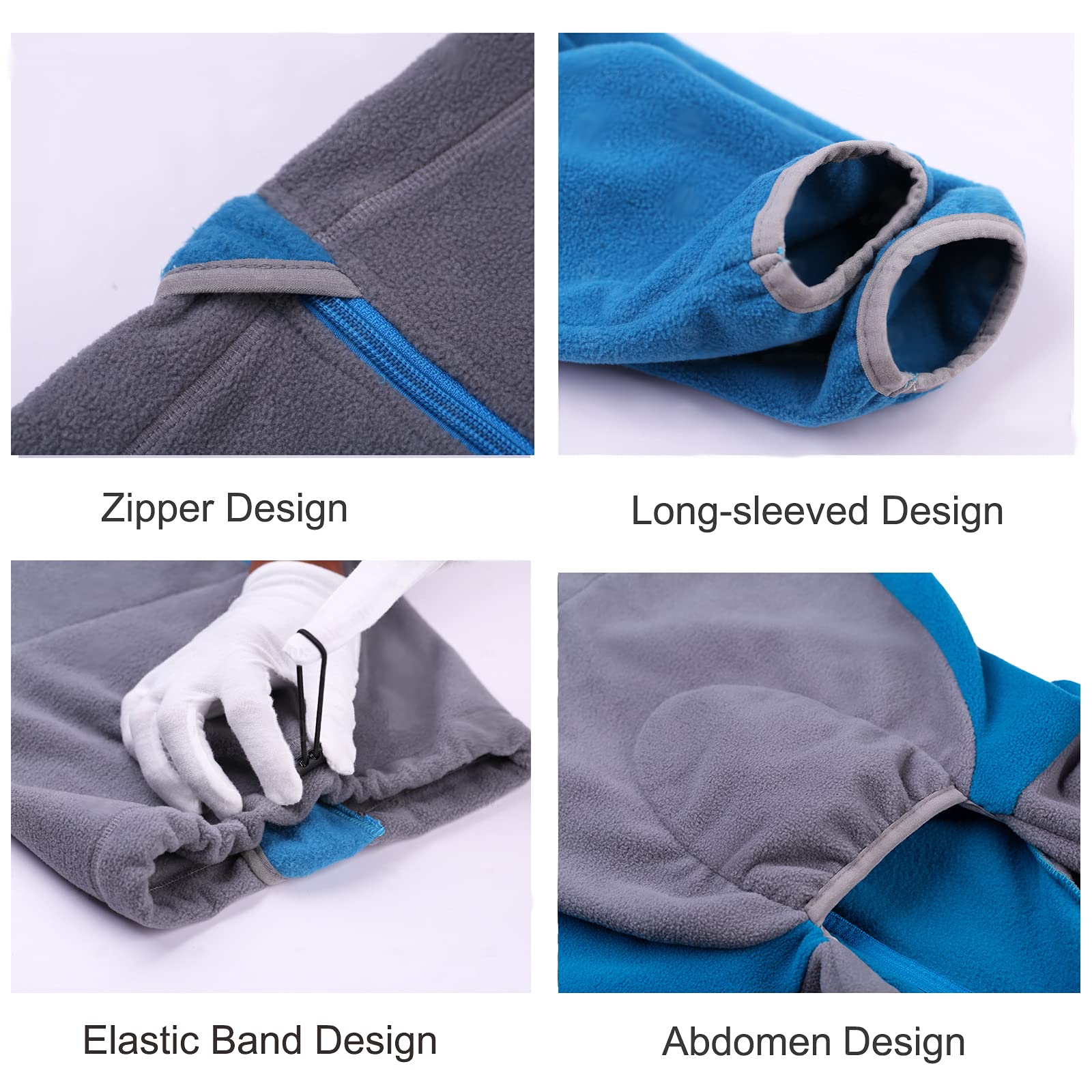 Yeapeeto dog winter coat blue polar-fleece closeup shows soft, quick-drying fabric.
