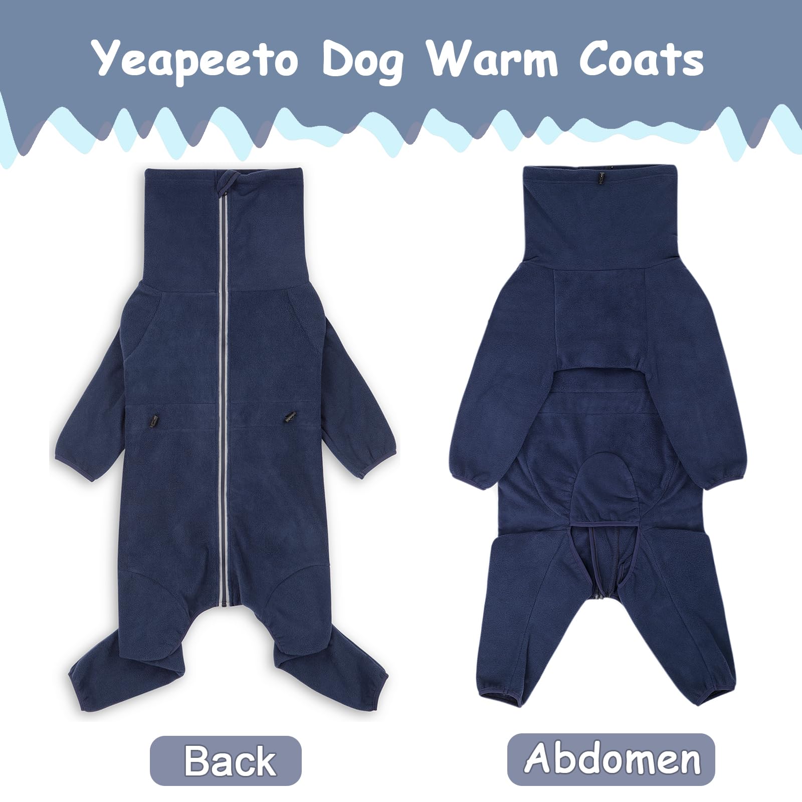 Yeapeeto dog winter coat dark blue back view shows full coverage protection