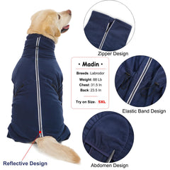Yeapeeto dog winter coat dark blue zipper detail enables easy on and off