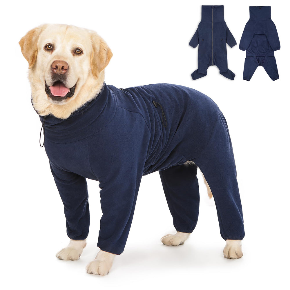 Yeapeeto dog winter coat front view in dark blue offering warmth and easy on/off access