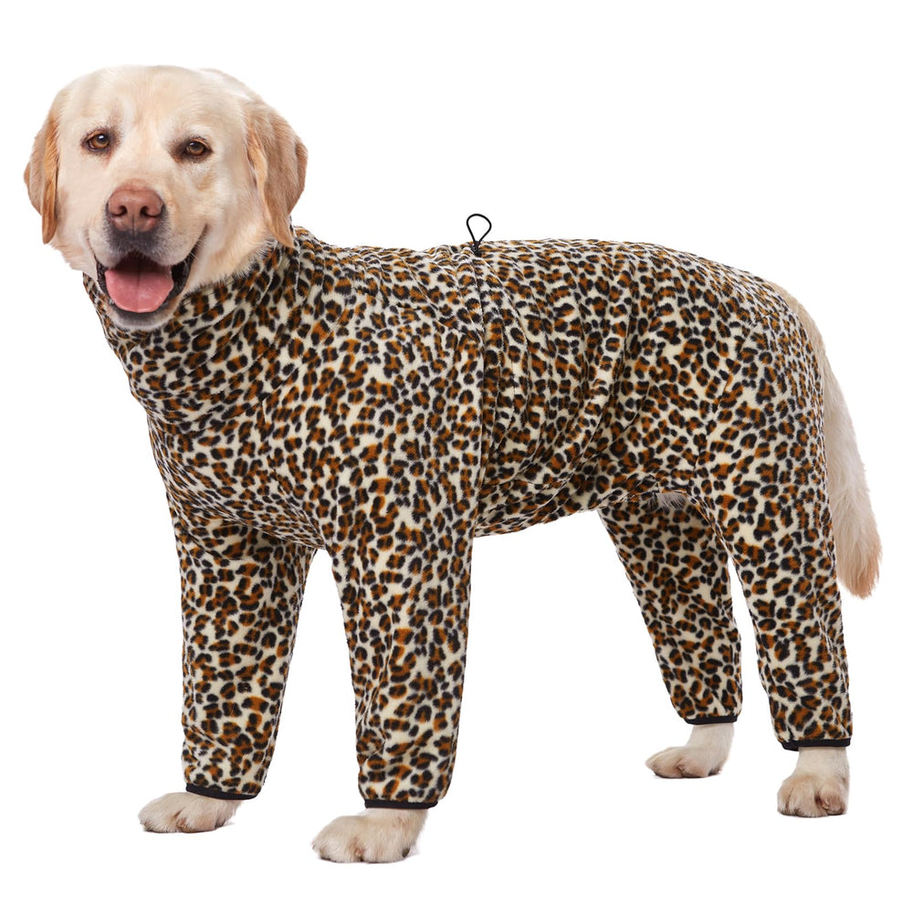 Yeapeeto dog winter coat leopard 4xl full-body on dog provides full coverage warmth during walks.