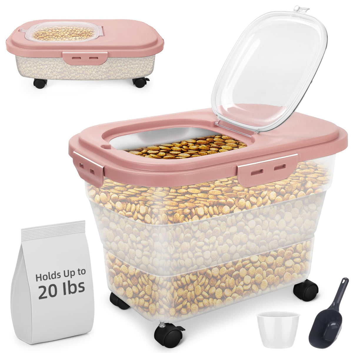 YECERCAN Airtight Pet Food Container front view shows space-saving, secure storage