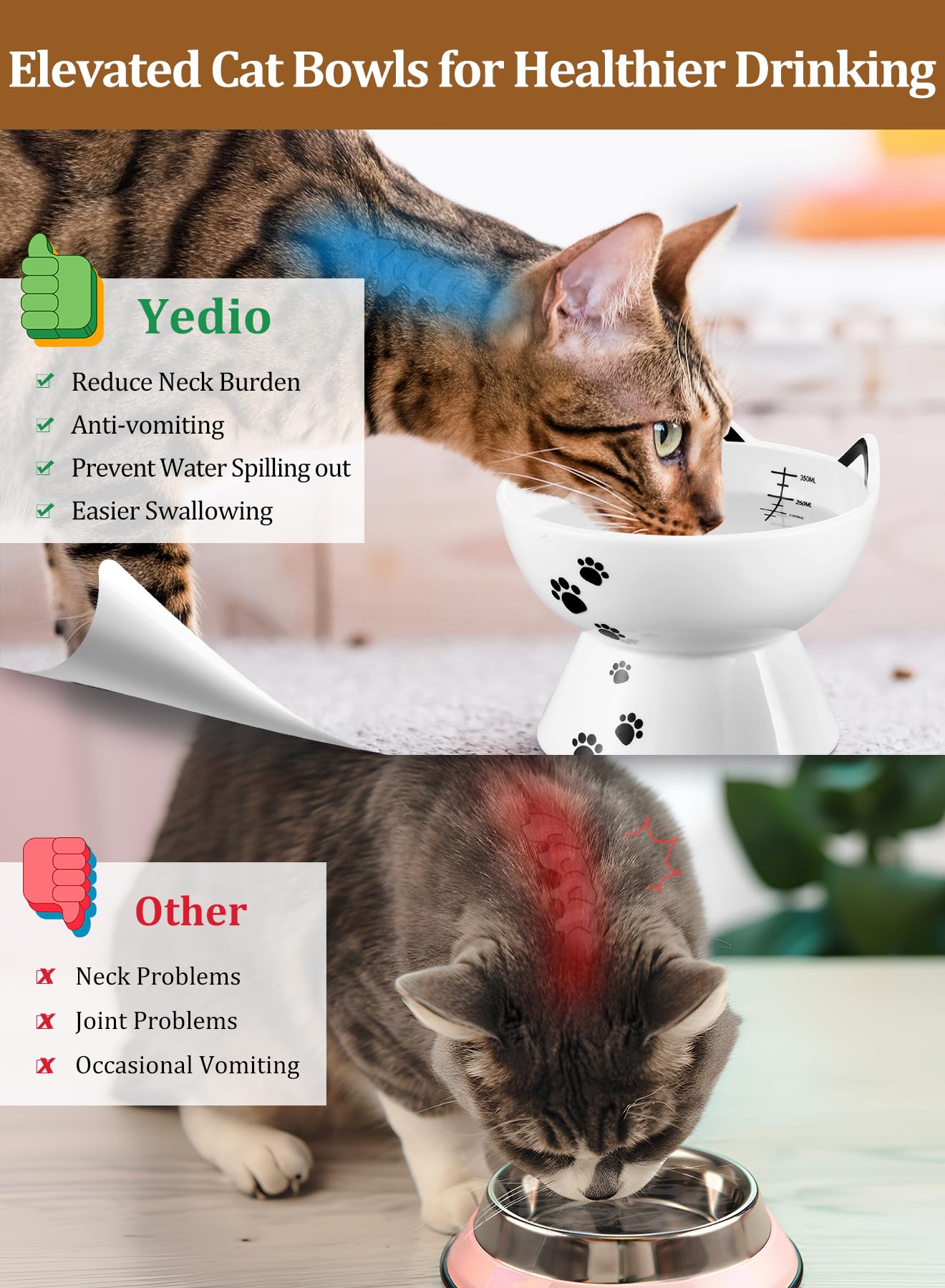Yedio porcelain cat bowl with anti-slip band for stable dining.