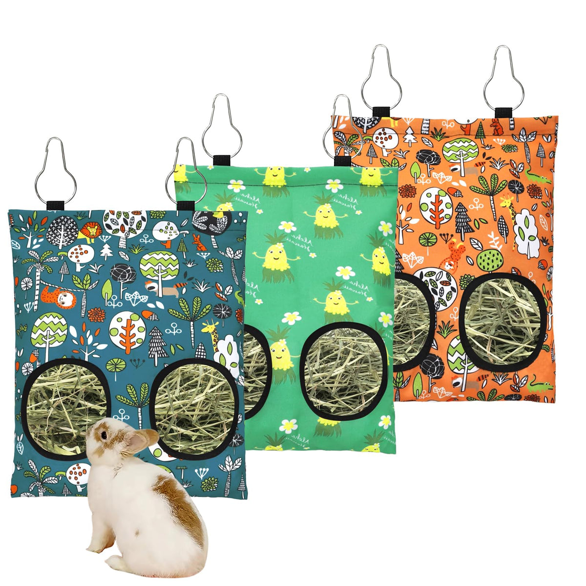 YedsIntu 3-pack rabbit hay feeder bags with two holes for tidy feeding and reduced waste.