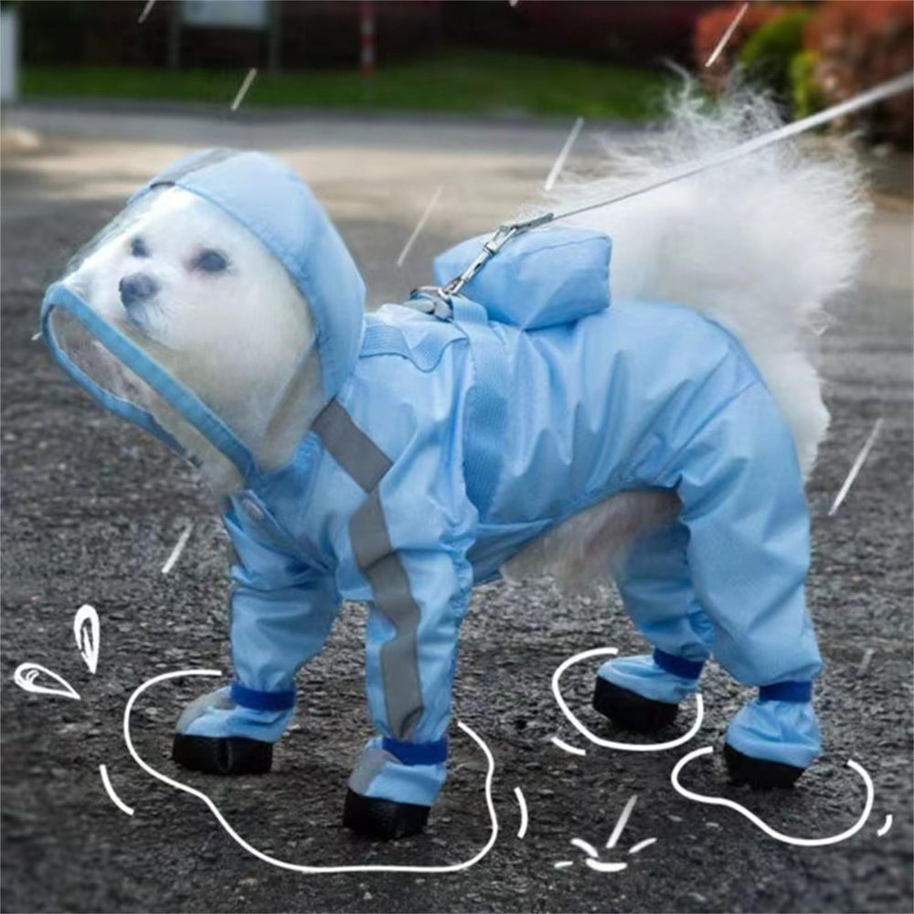 Yeduzyn hooded raincoat on dog demonstrates full coverage from head to torso.