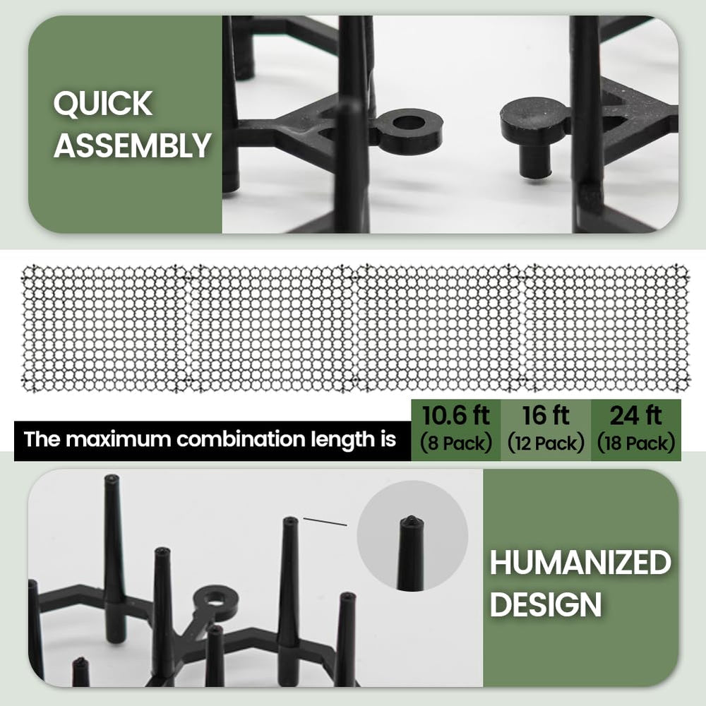 YeeLok quick setup image demonstrates rolling mat, stakes, and trimming for irregular spaces.