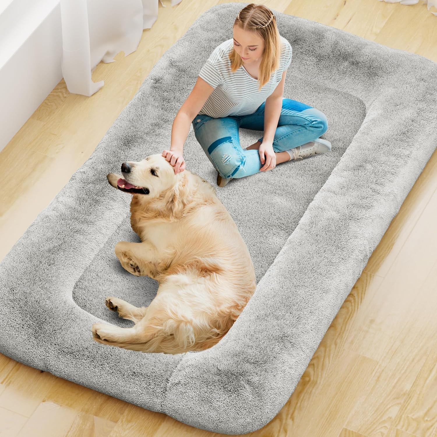 YEFU human dog bed setup shows spacious nap space for adults and pets.