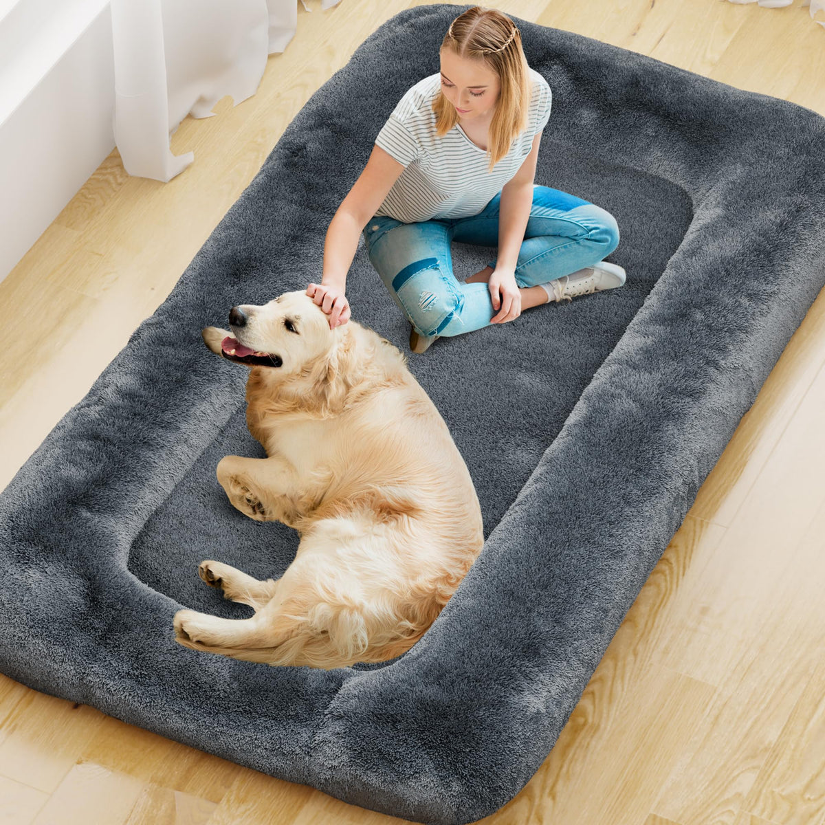YEFU human dog bed setup in dark grey offers cozy lounging for adults and pets