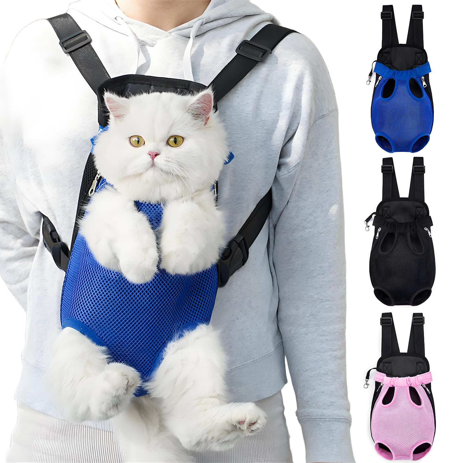 Yehenarn pet carrier backpack front view in blue showing legs-out design for dogs and cats.