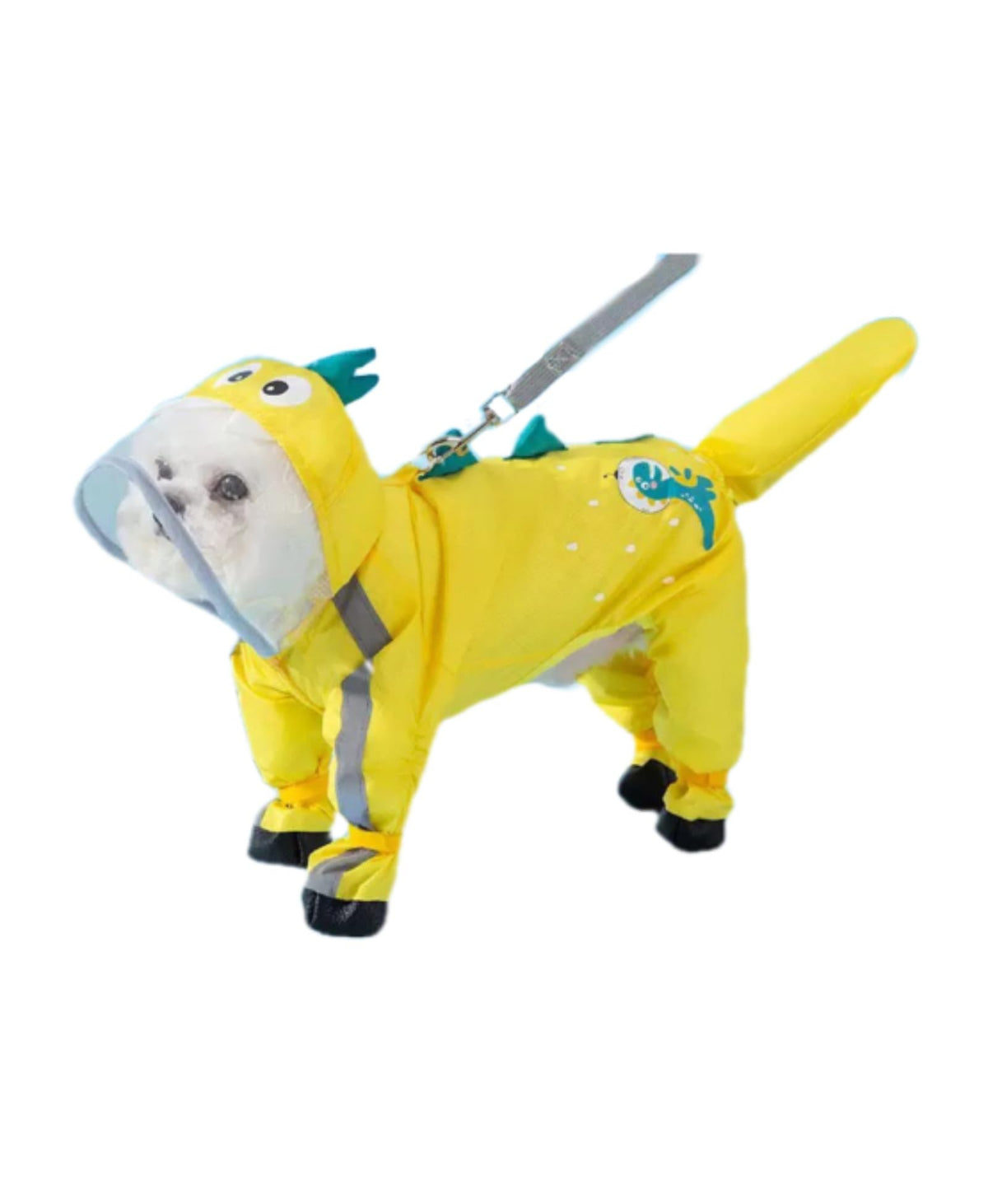 Yellow Dinosaur dog raincoat hood keeps head dry and visibility high on walks.