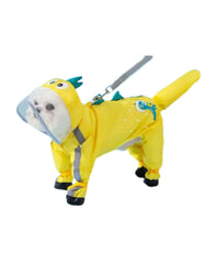 Yellow Dinosaur dog raincoat hood keeps head dry and visibility high on walks.