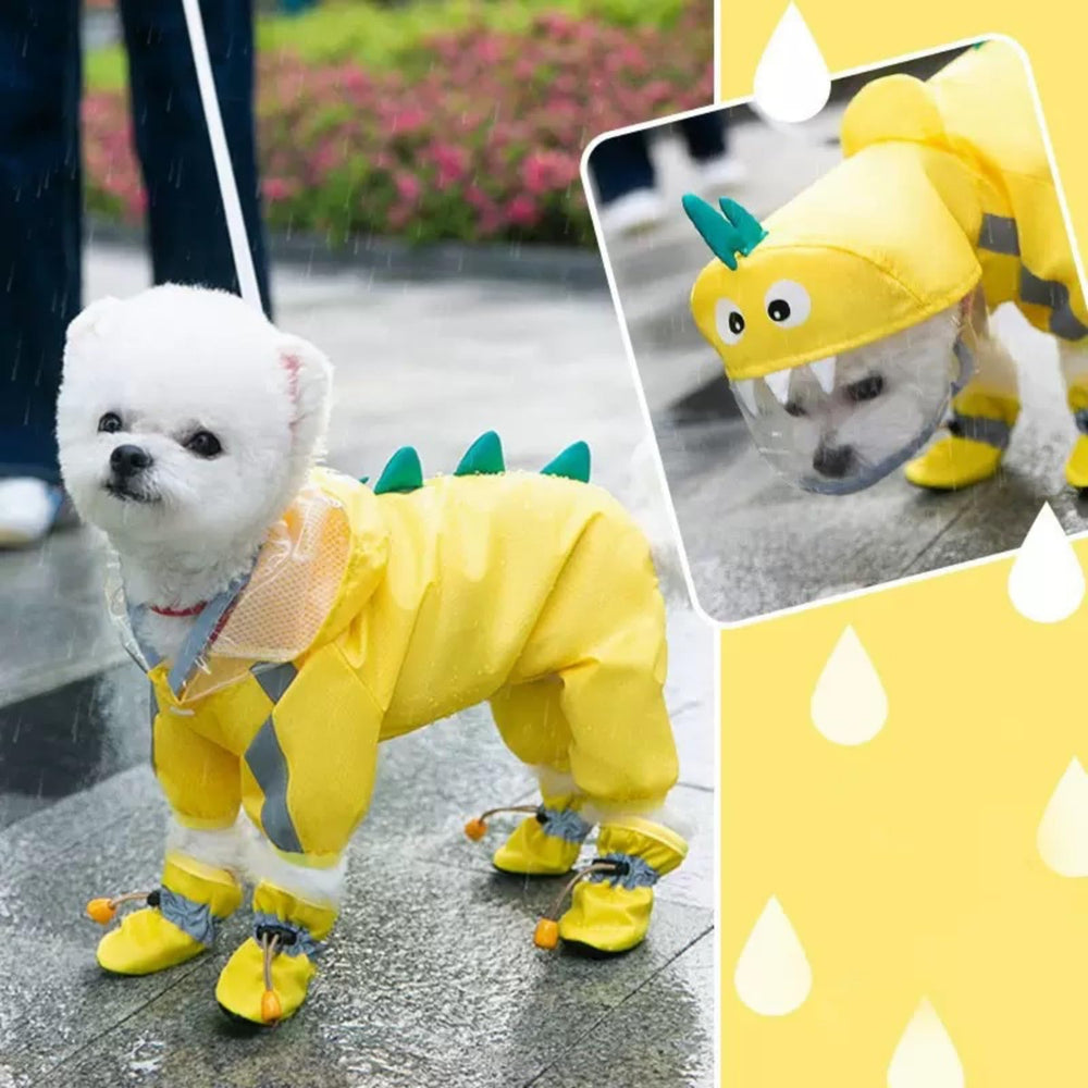 Yellow Dinosaur dog raincoat with reflective strips boosts nighttime visibility for safer strolls.