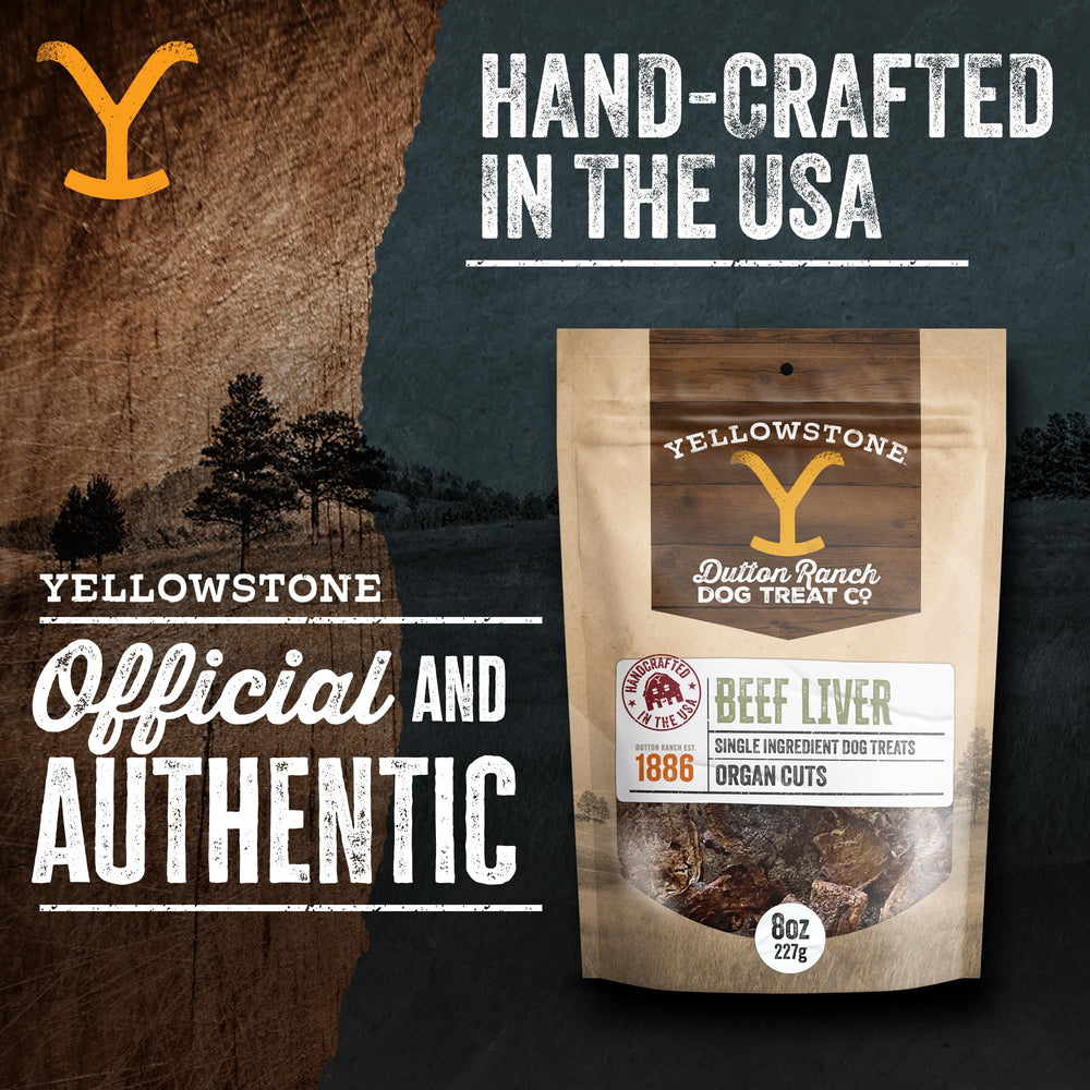 Yellowstone beef liver treats jerky square closeup shows chewy texture appealing to dogs.