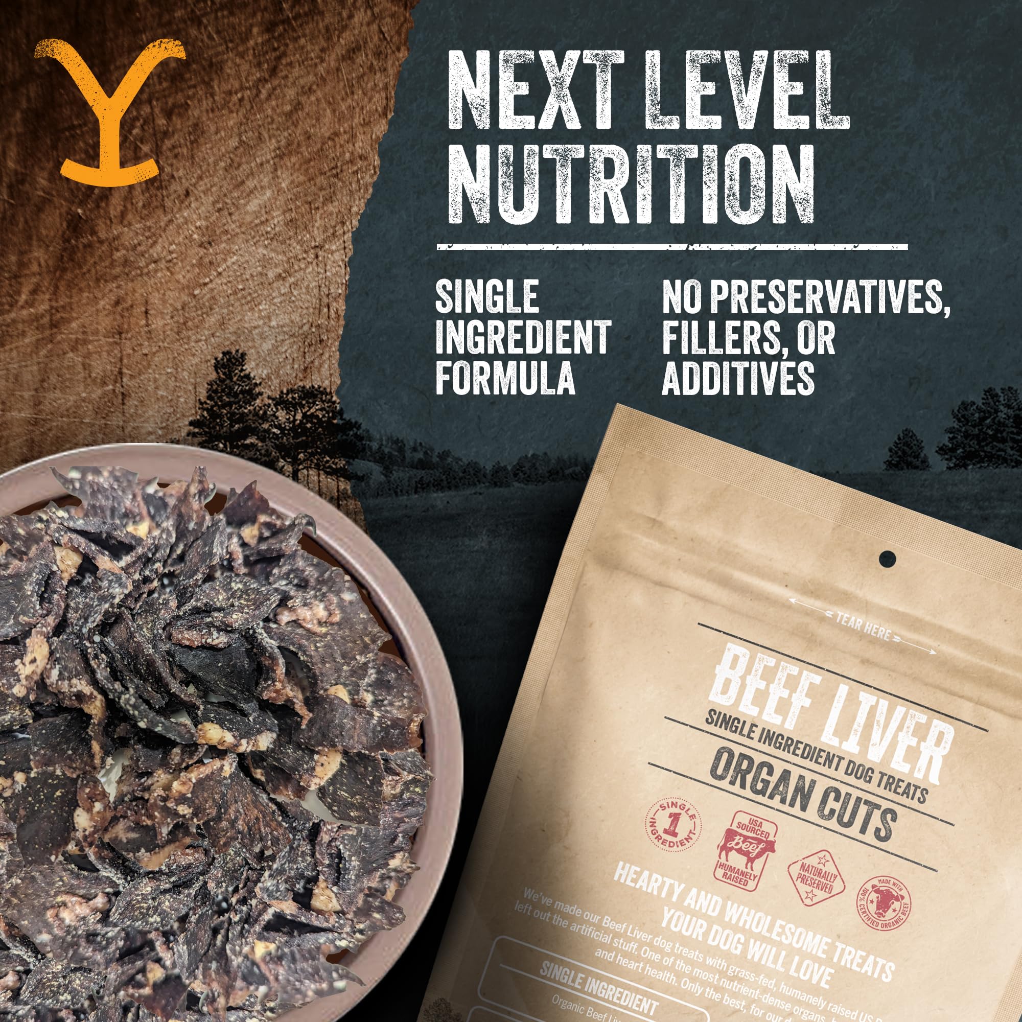 Yellowstone beef liver treats USDA-inspected facility label emphasizes safety and quality production standards.