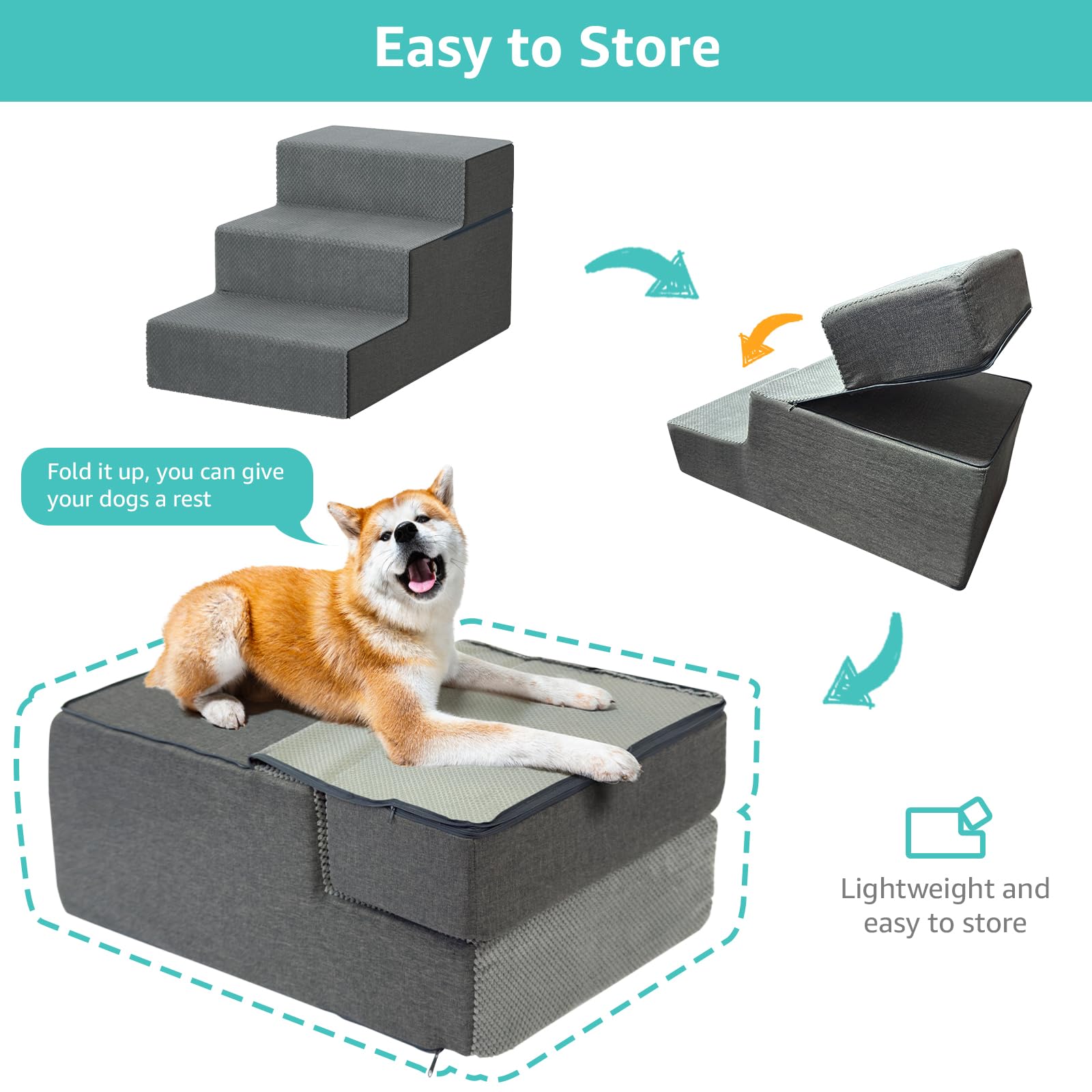 YENING dog stairs in use as a large dog climbs onto a bed