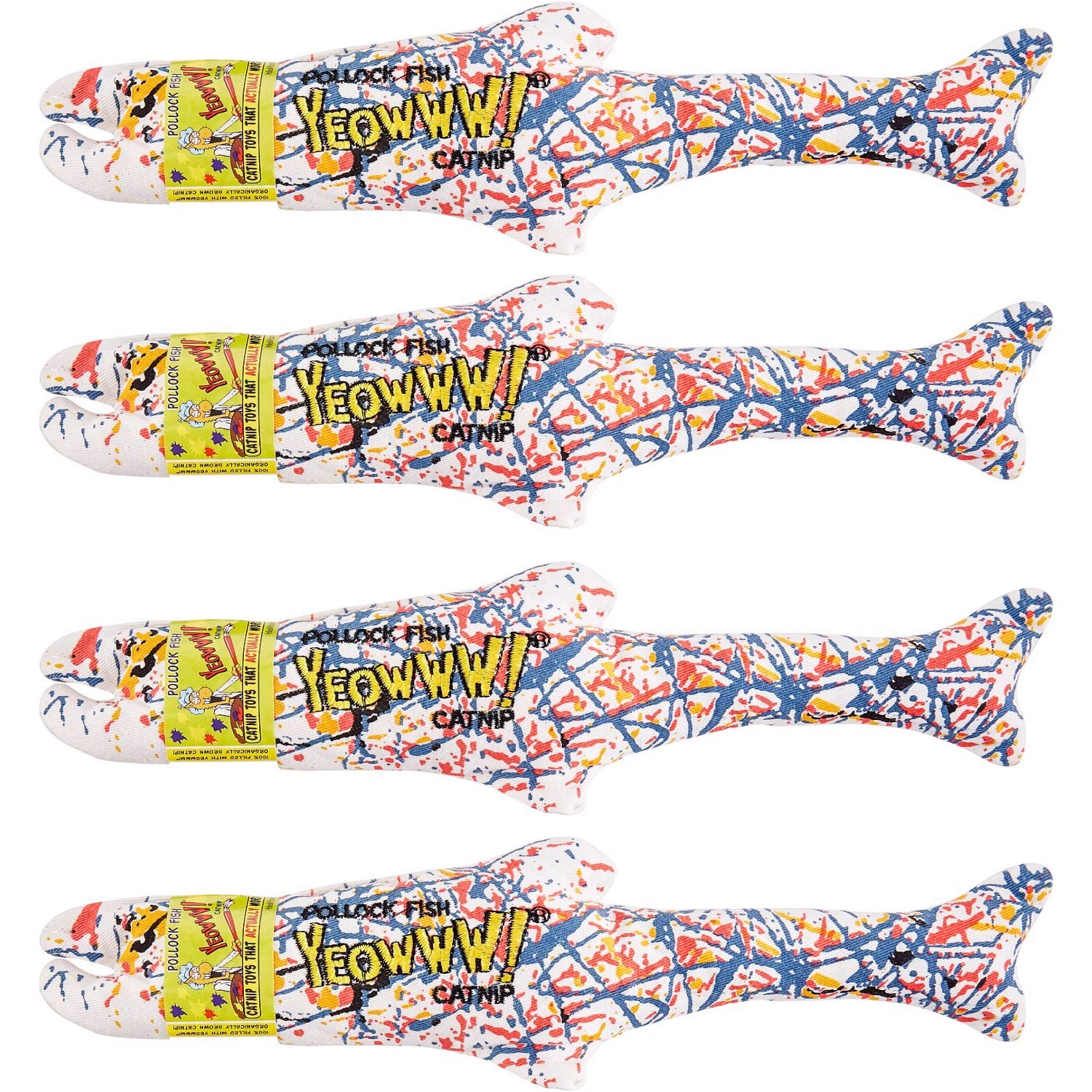 Yeowww Pollock Fish toy shows vibrant leaves and 100% organic catnip for active play.