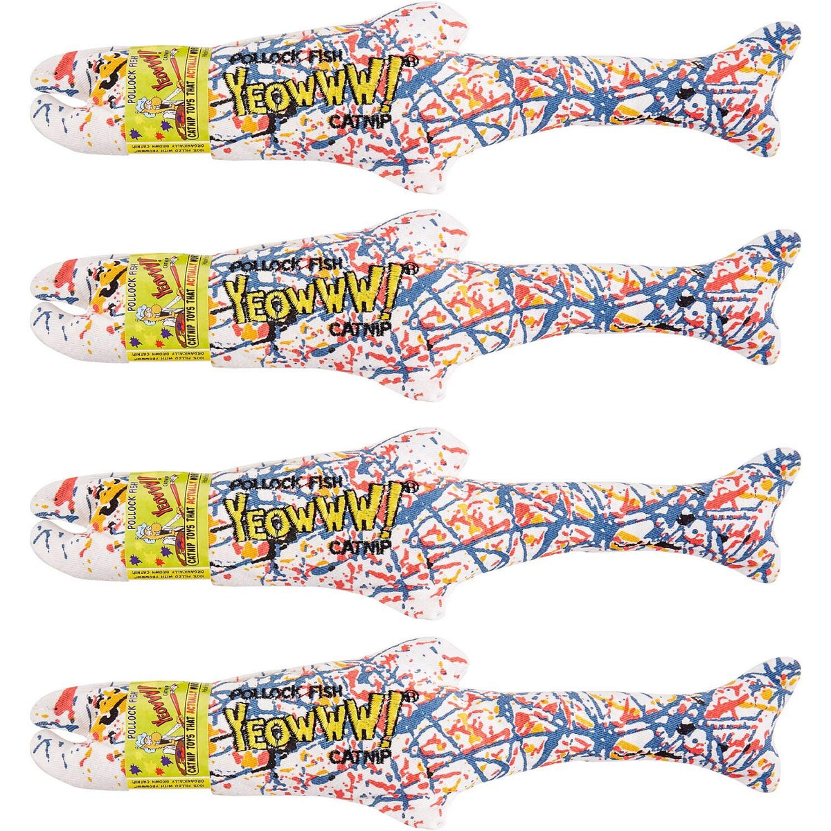 Yeowww Pollock Fish toy shows vibrant leaves and 100% organic catnip for active play.