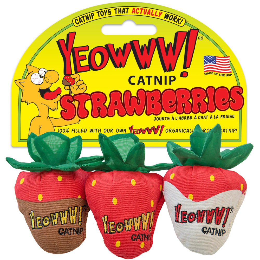 Yeowww! Strawberries catnip cat toy closeup encourages playful batting and scent appeal.