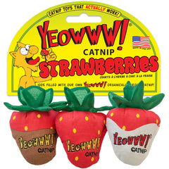 Yeowww! Strawberries catnip cat toy closeup encourages playful batting and scent appeal.