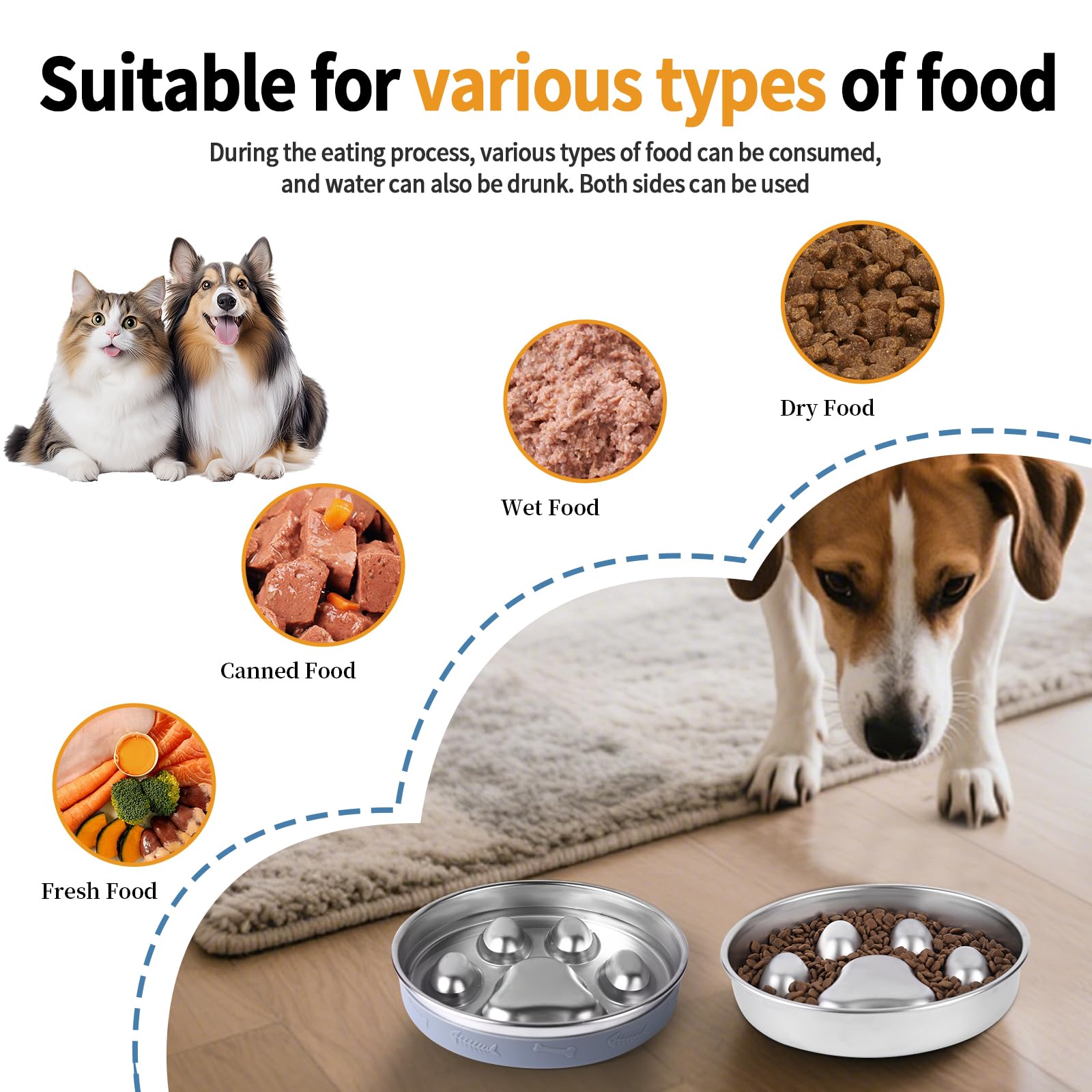 YeQIENGC slow feeder dog bowl stainless steel resists odors and cleans easily.