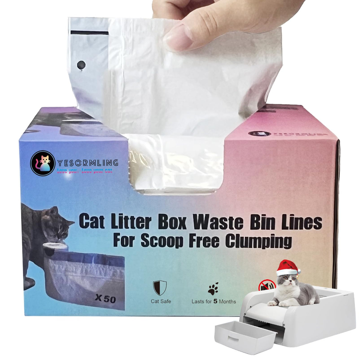 YESORMLING 50-count liners pack for quick, mess-free litter cleanup.