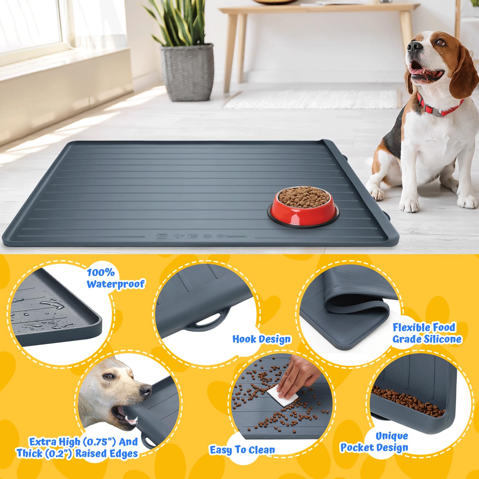 Yessotech dog feeding mat folds for storage and hangs via hook to dry.