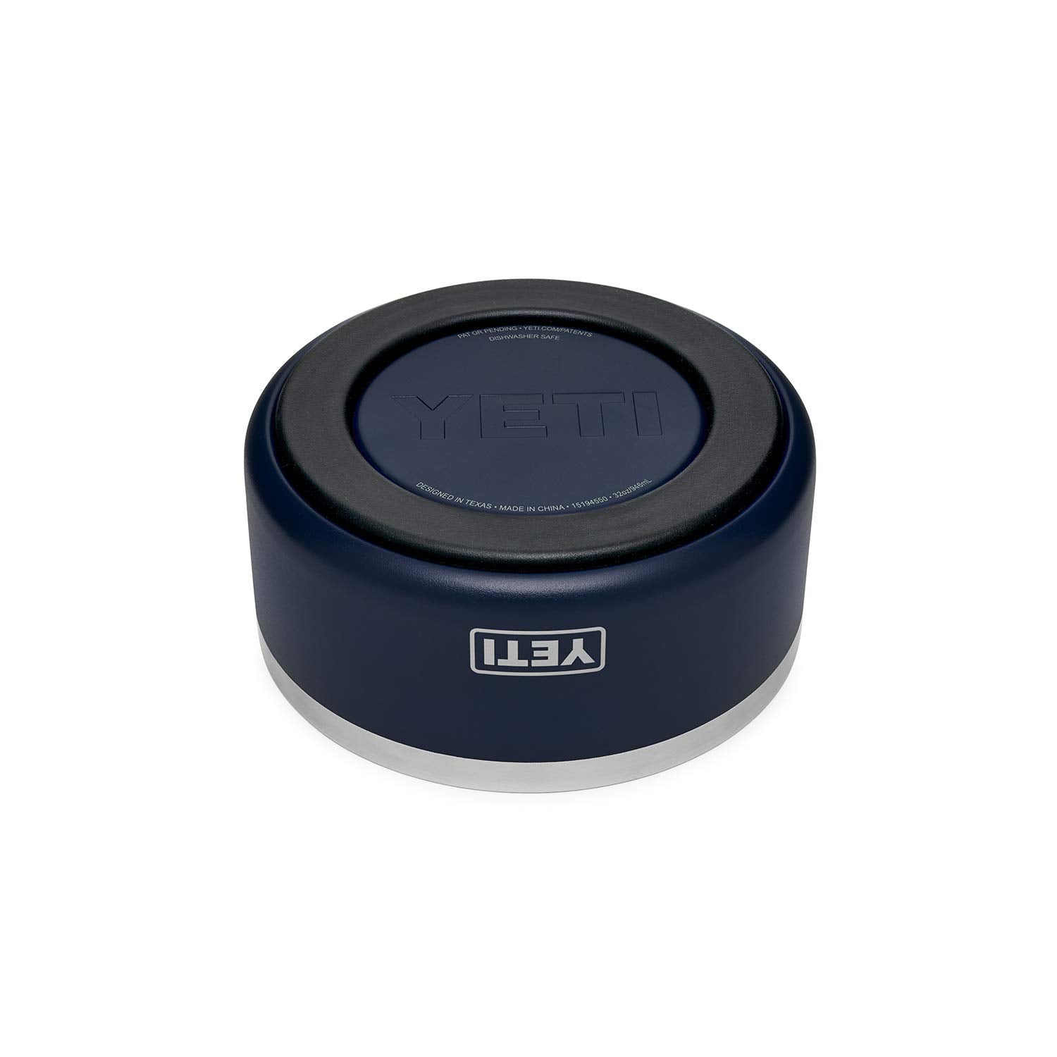 YETI Boomer 4 navy bowl closeup shows stainless steel finish resistant to dents and rust.