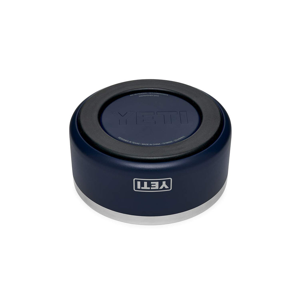 YETI Boomer 4 navy bowl closeup shows stainless steel finish resistant to dents and rust.