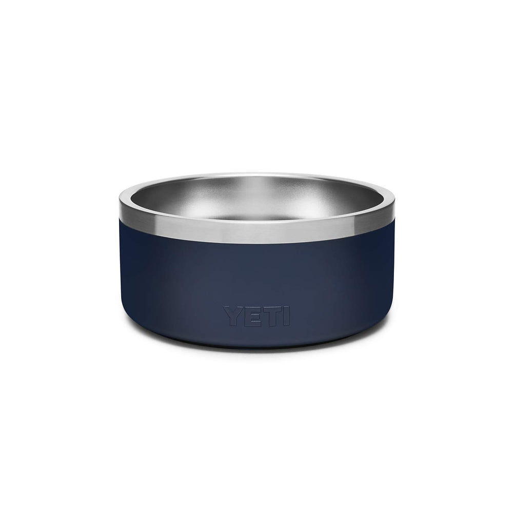 YETI Boomer 4 navy bowl side view highlights BearFoot non-slip ring for steady feeding.
