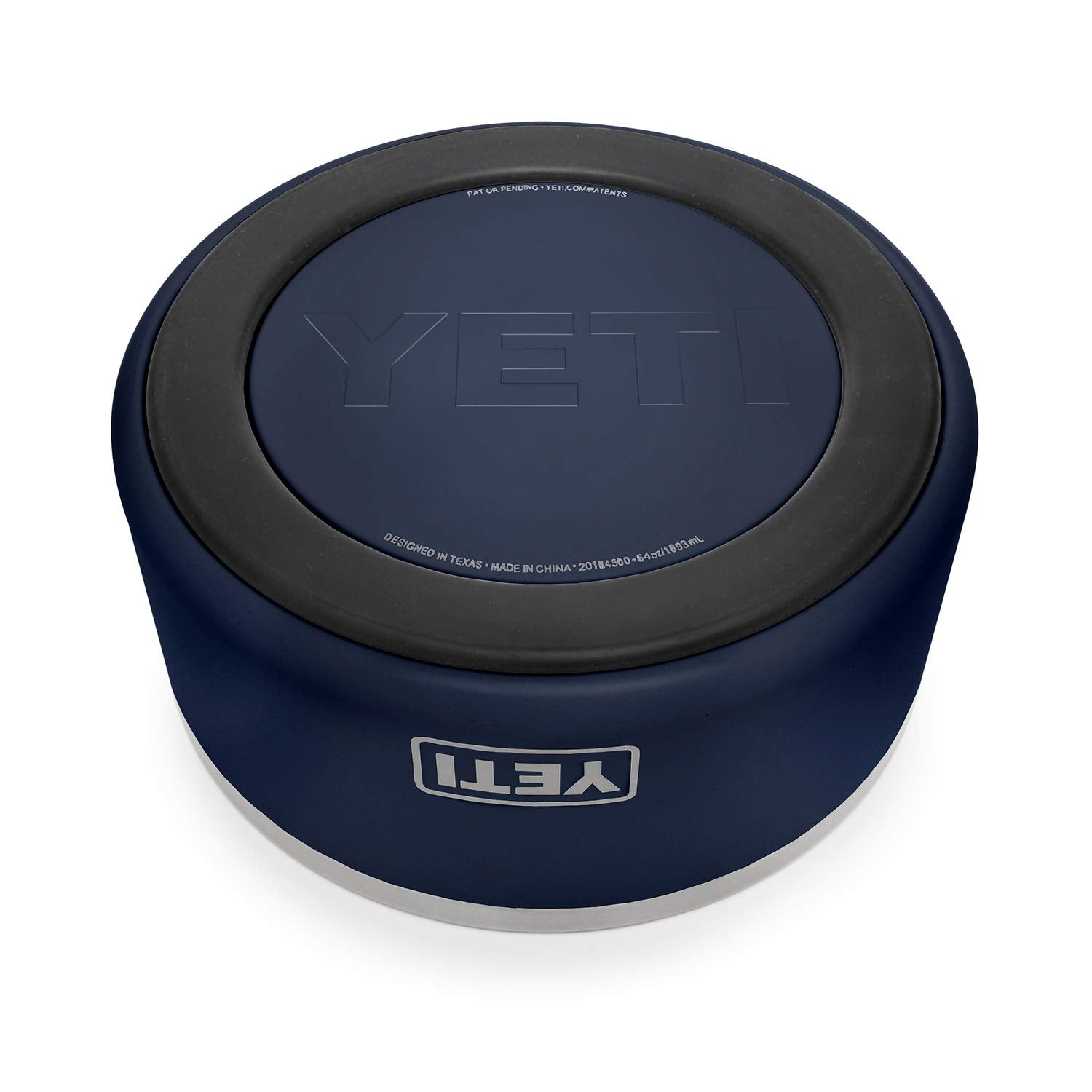 YETI Boomer 8 navy full water bowl demonstrates 64-ounce capacity for long-lasting hydration