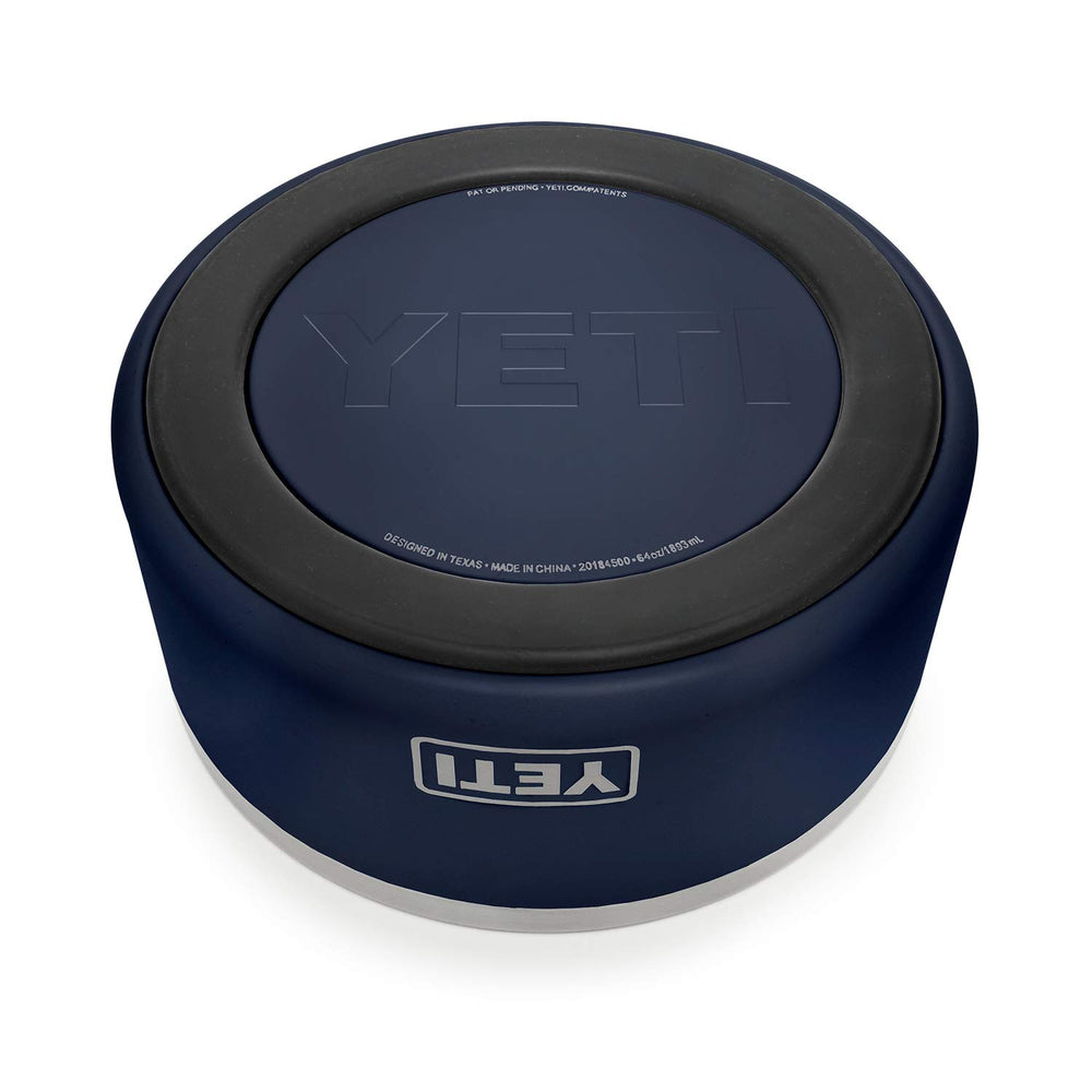 YETI Boomer 8 navy full water bowl demonstrates 64-ounce capacity for long-lasting hydration