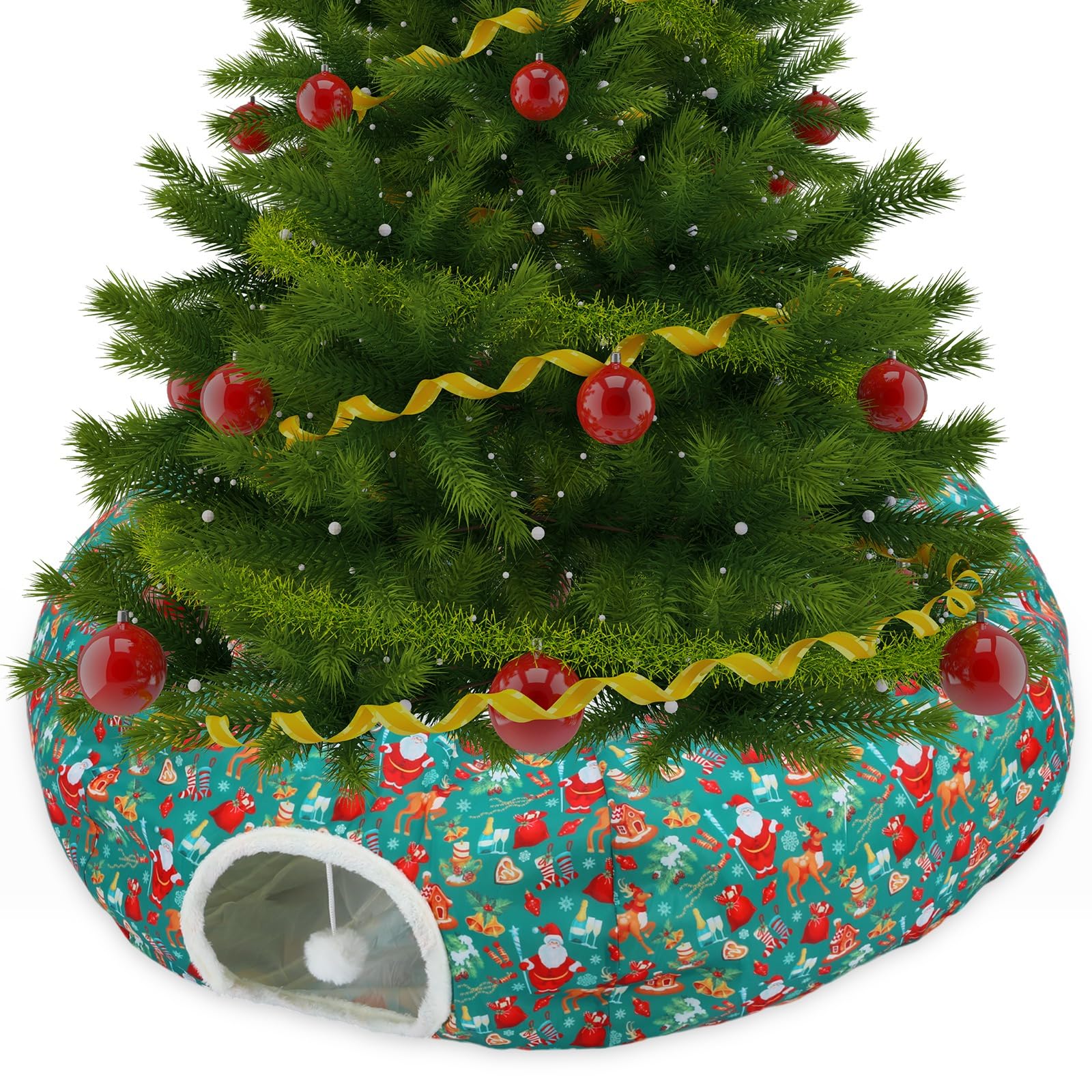 Yeyeplum Christmas Cat Tunnel Bed under tree offers a cozy hideout.