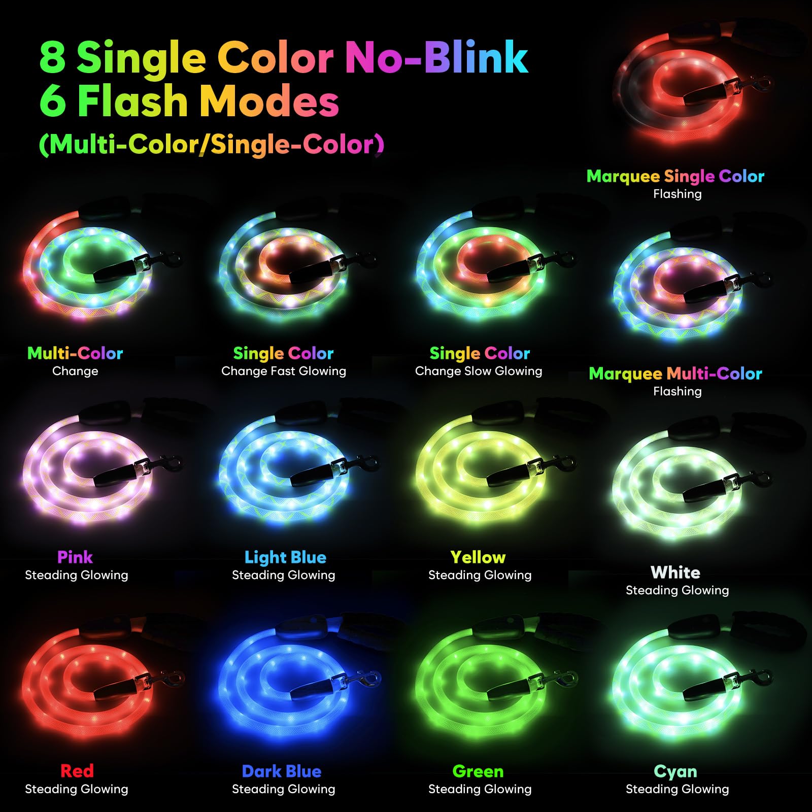YFbrite dog leash with 15 flashing modes for customizable visibility.