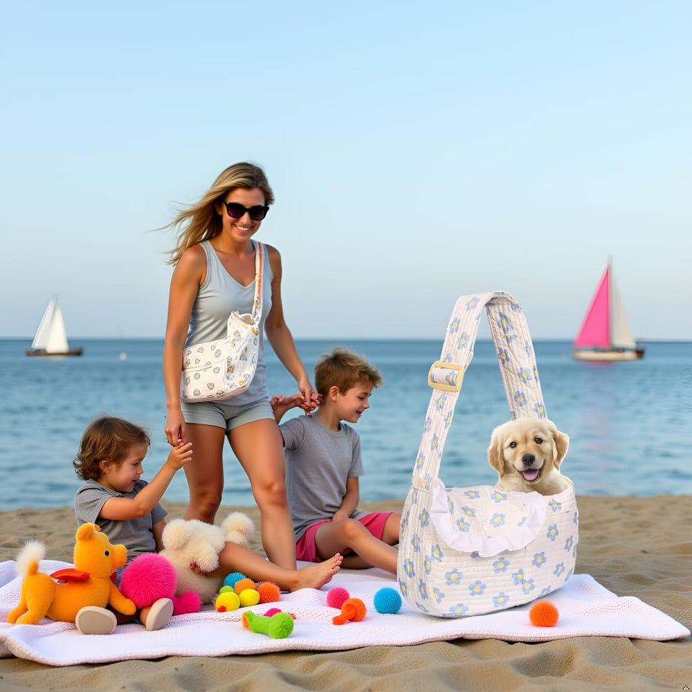 YHSHYZH Floral Dog Carrier blue daisy model with pet, highlighting compact comfort