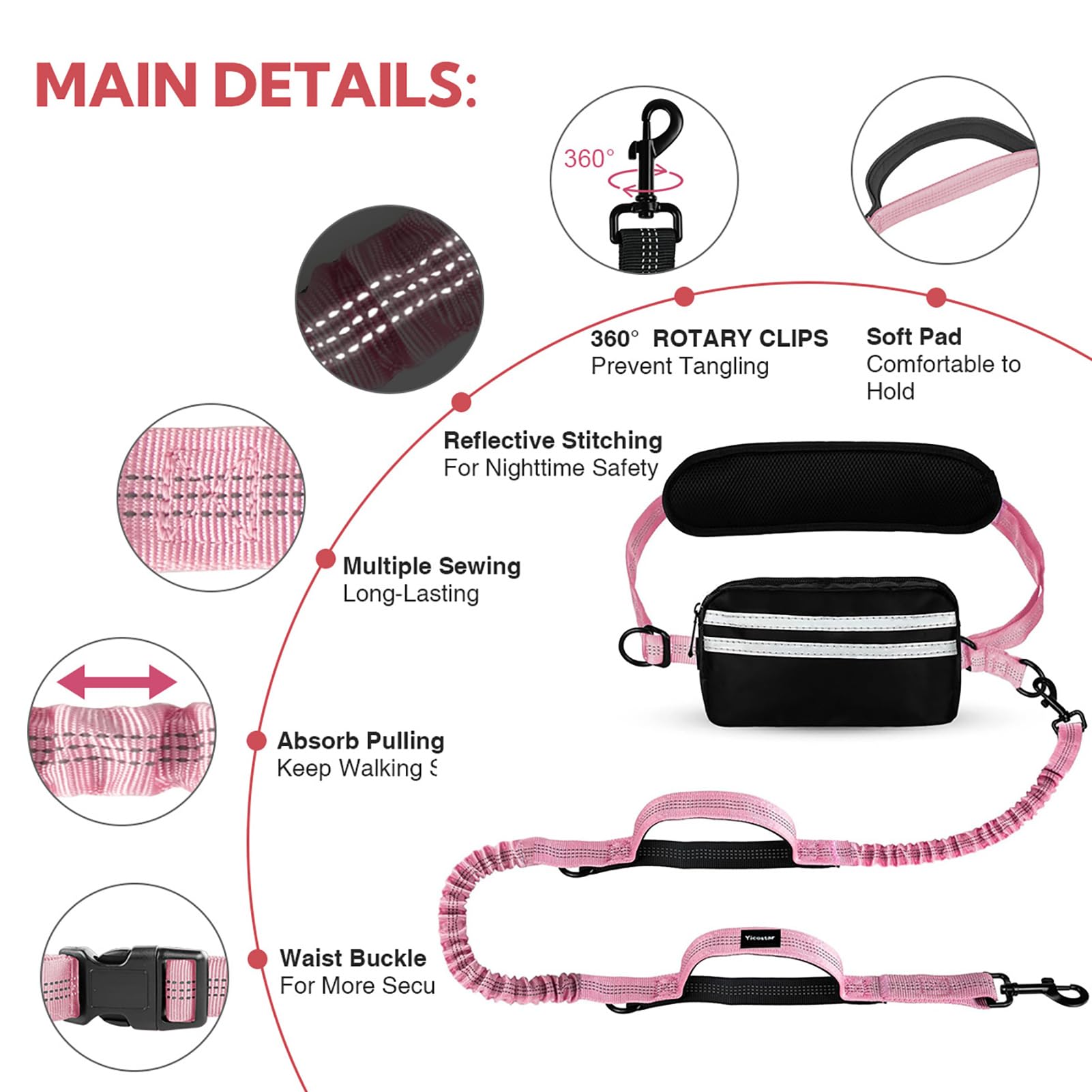 Yicostar hands free dog leash features dual padded handles for better control.