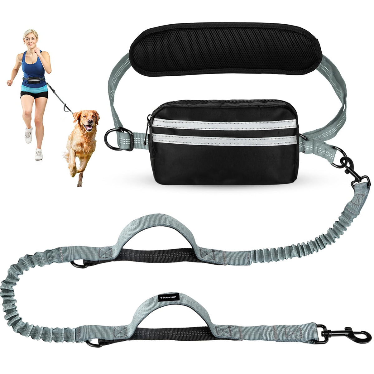 Yicostar hands-free leash olive front view for hands-on control.