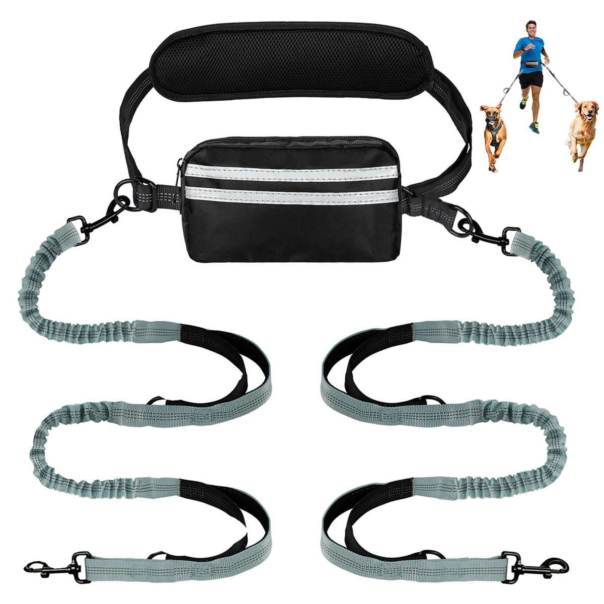 Yicostar hands free dog leash pouch assembly with dual bungee sections.