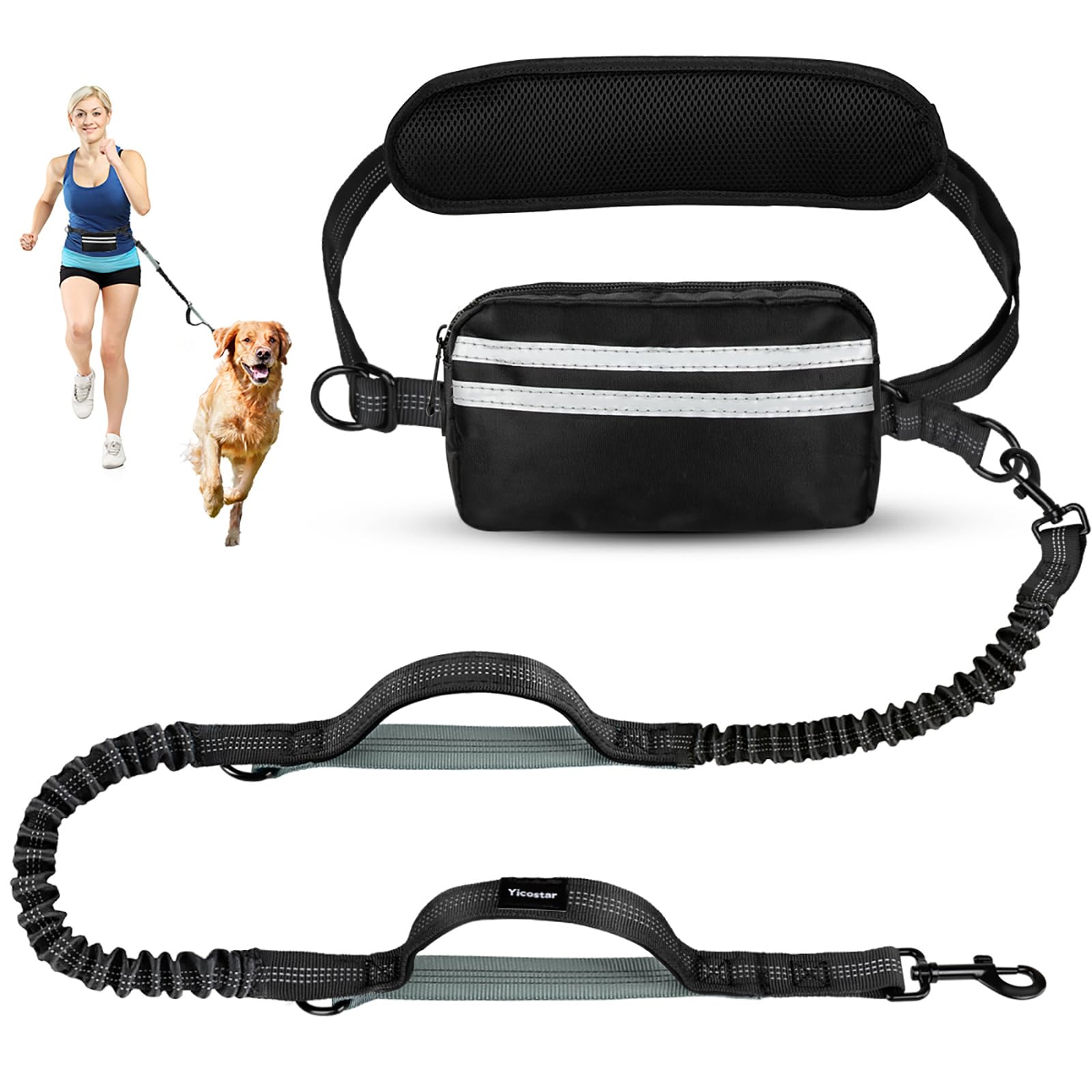 Yicostar hands free dog leash with pouch enables hands-free walking.