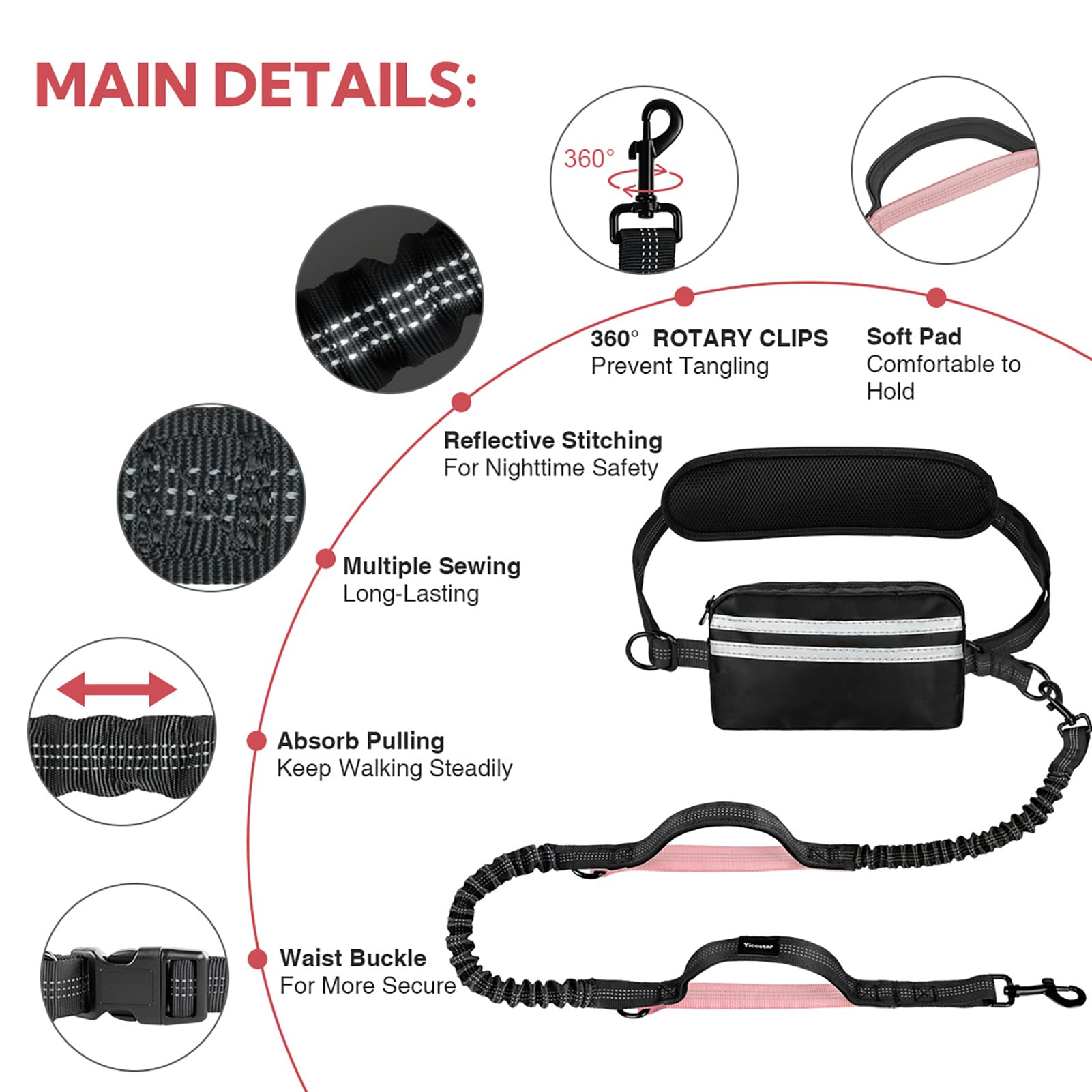 Yicostar hands-free leash with treat pouch for essentials on the go