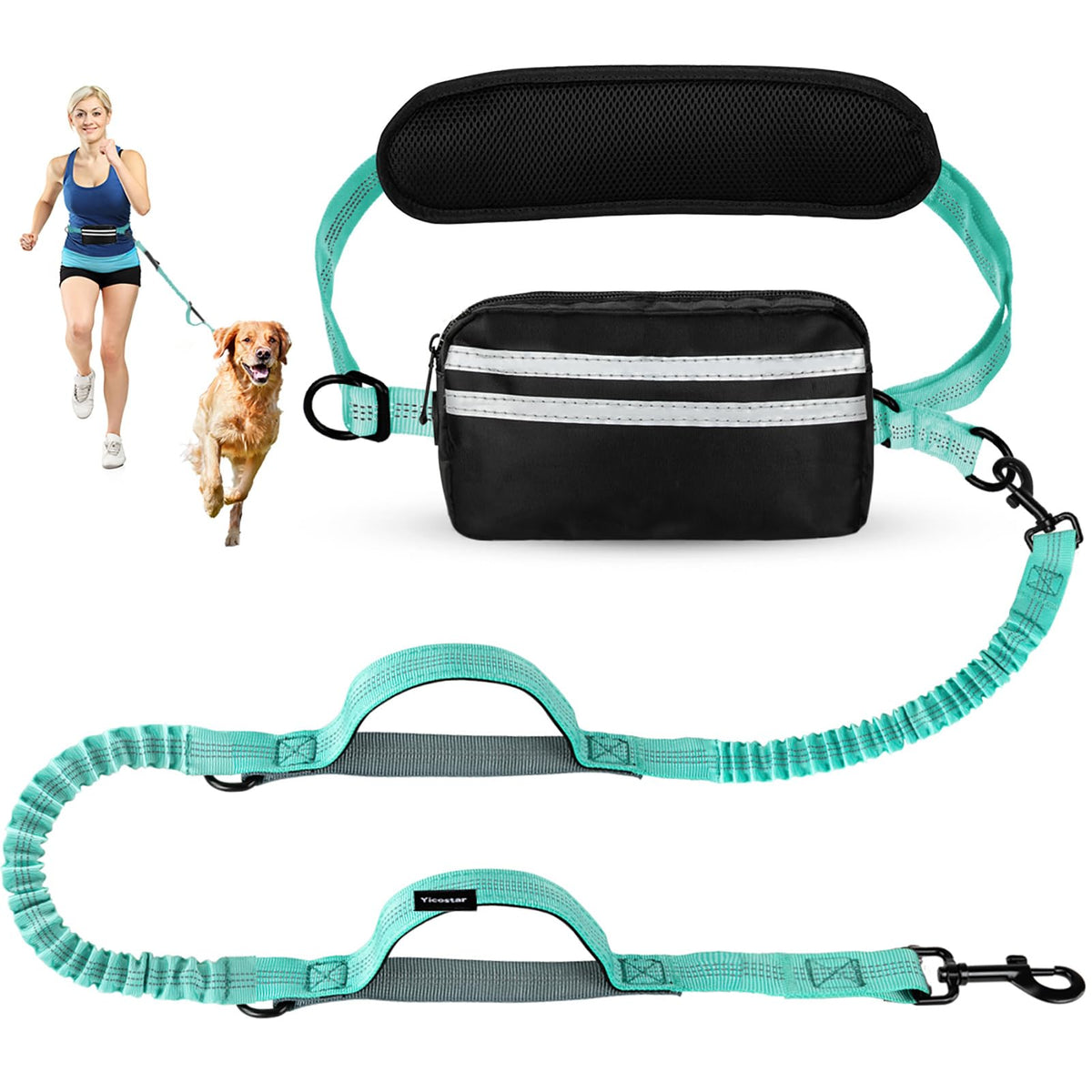 Yicostar hands-free dog leash waist belt with foam pad for comfortable hands-free walks