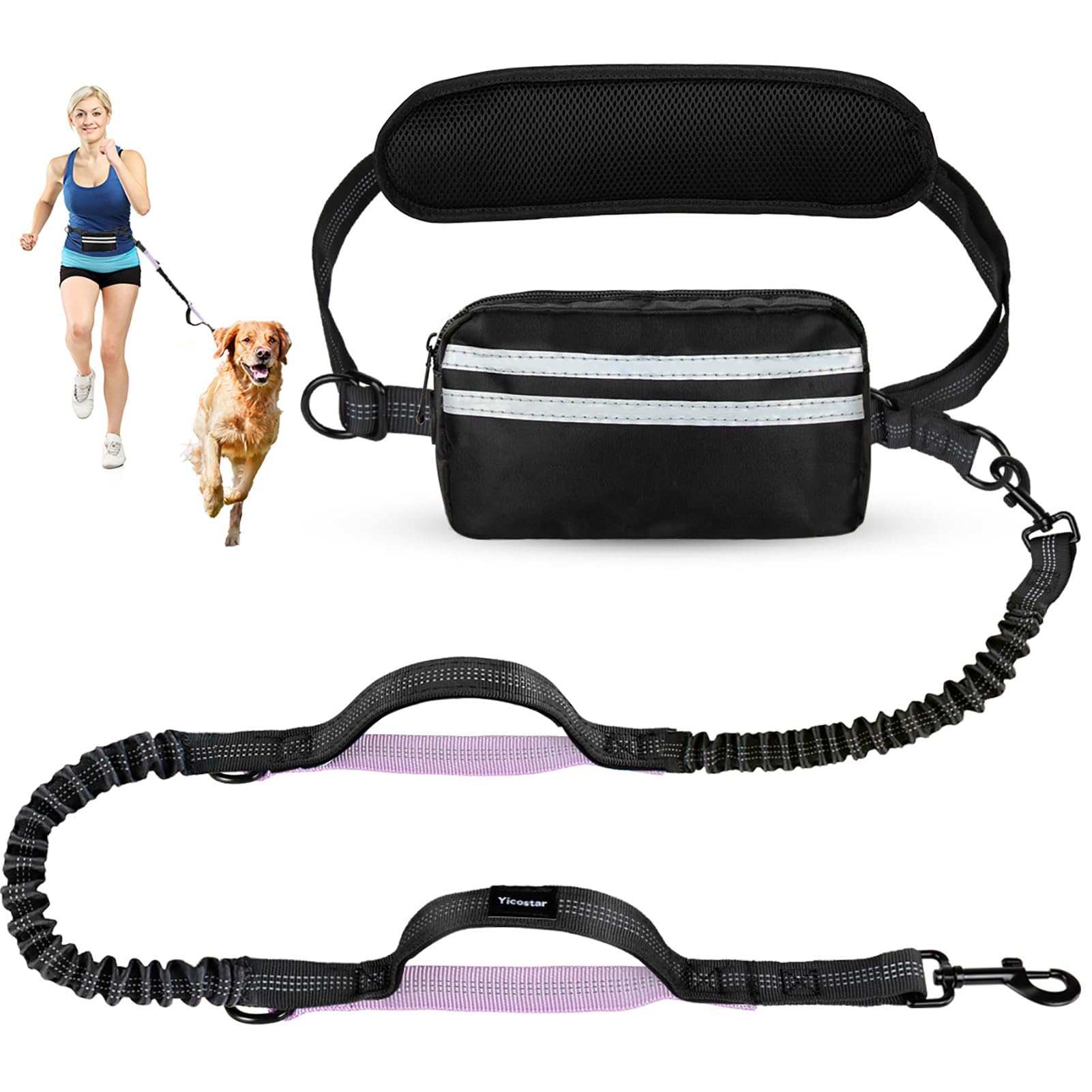 Yicostar hands-free dog leash waist belt offers padded comfort for easy, hands-free walks.