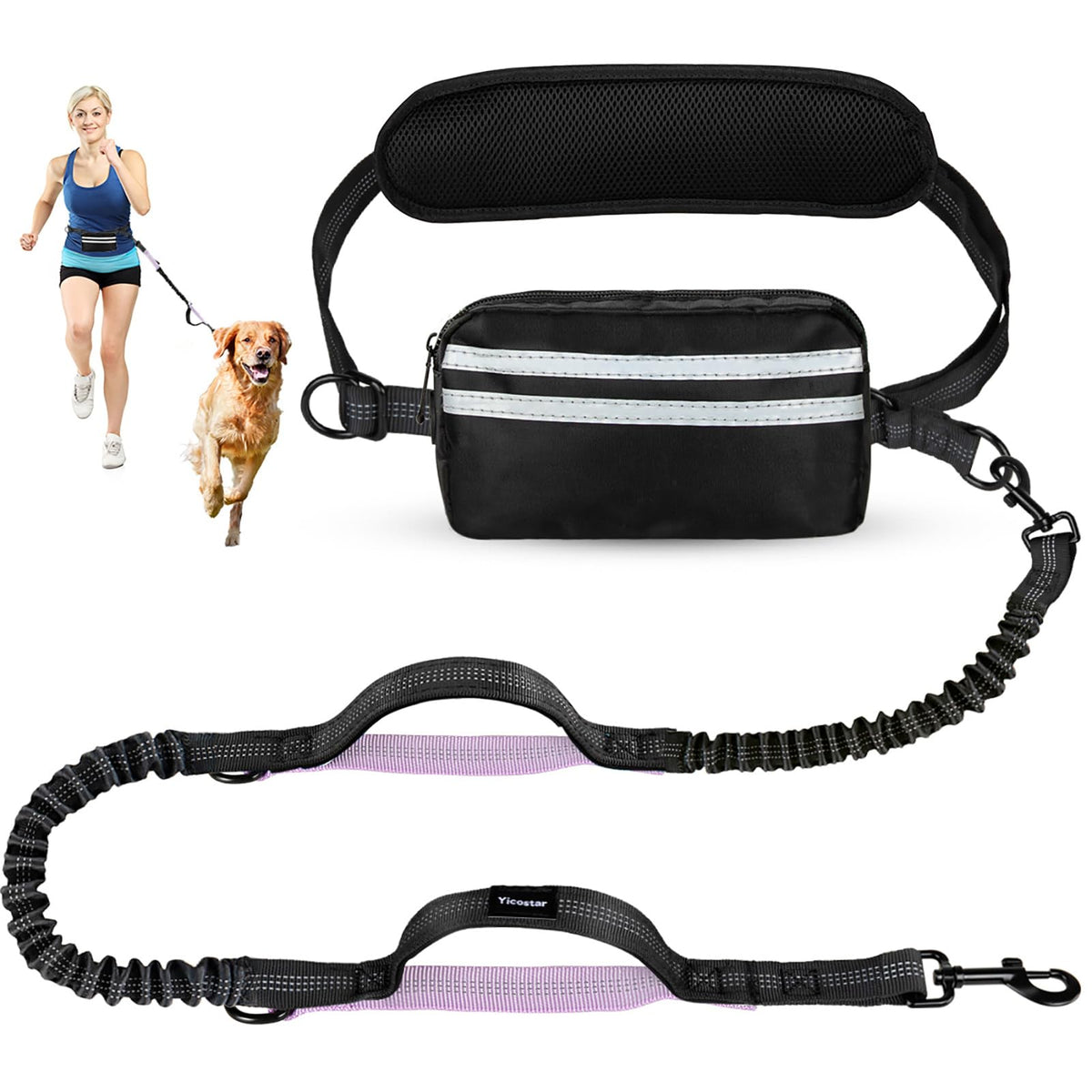 Yicostar hands-free dog leash waist belt offers padded comfort for easy, hands-free walks.
