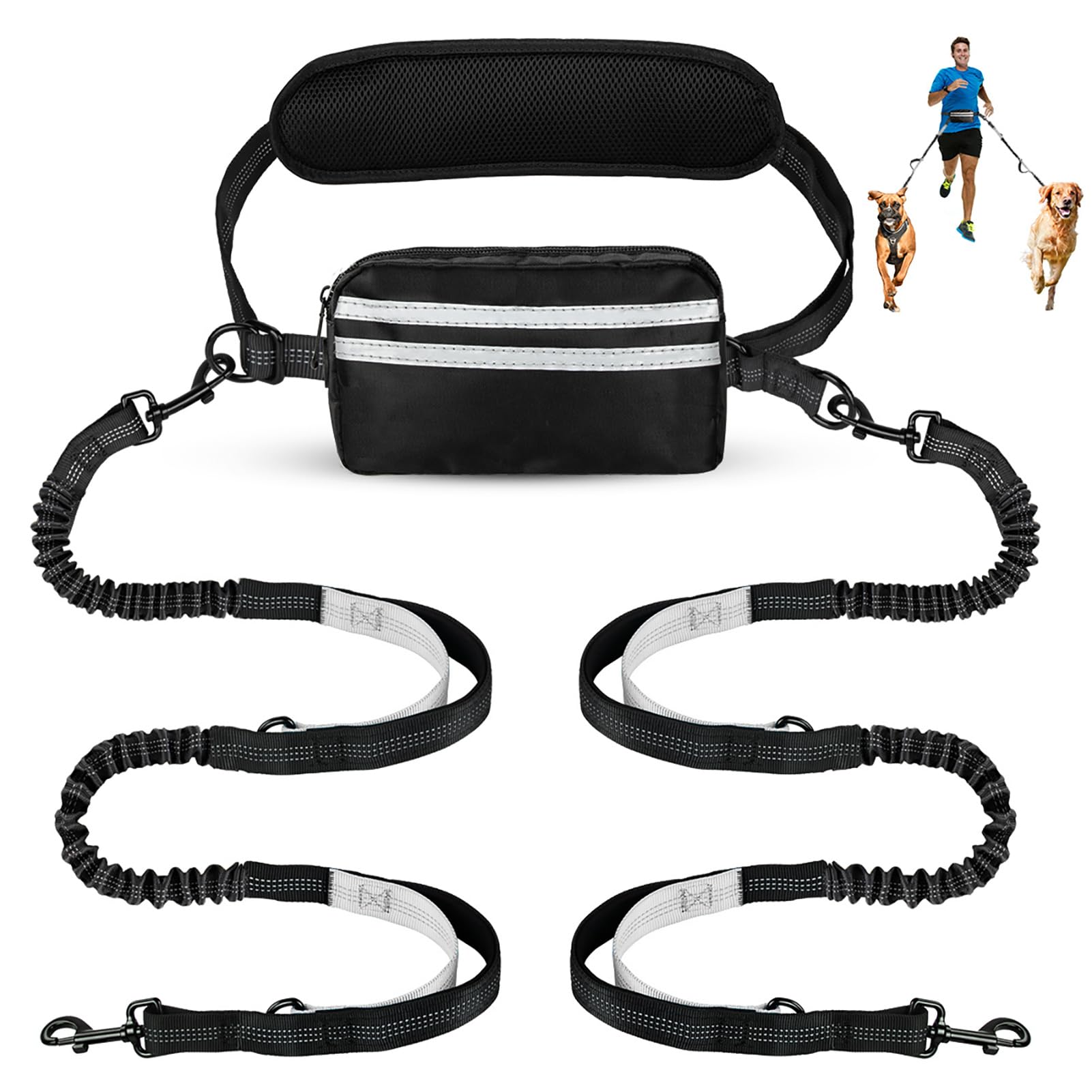 Yicostar hands free dog leash with pouch enables two-dog walks with hands free convenience.