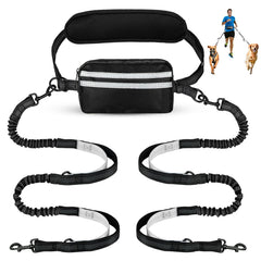 Yicostar hands free dog leash with pouch enables two-dog walks with hands free convenience.