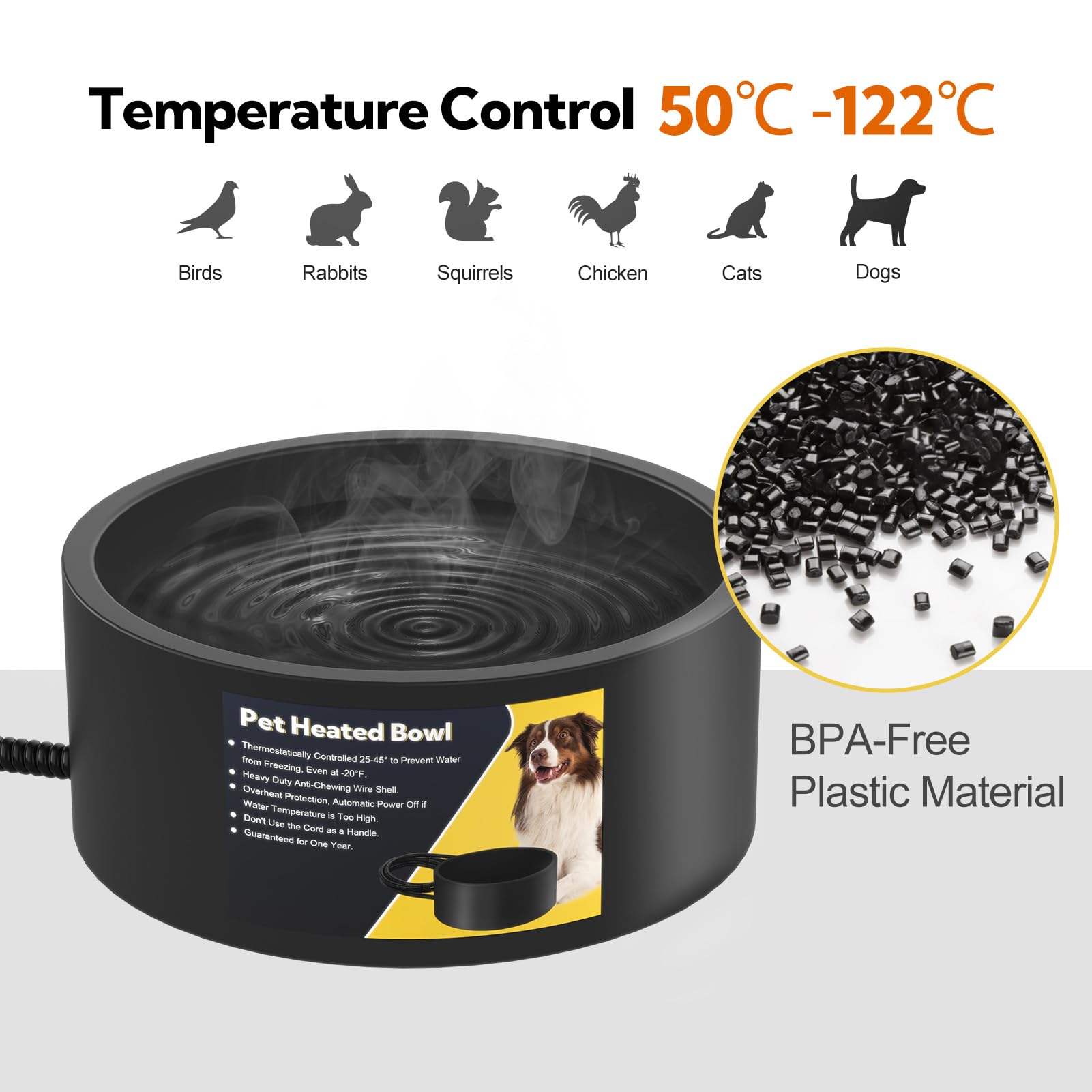 Yicostar heated water bowl with cat drinking in winter scene.