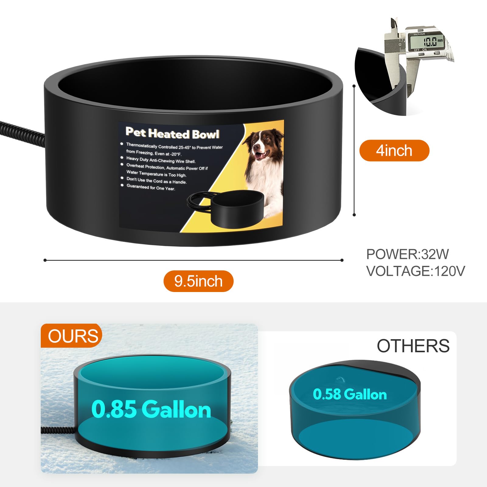 Yicostar heated water bowl shows dog drinking warm water.