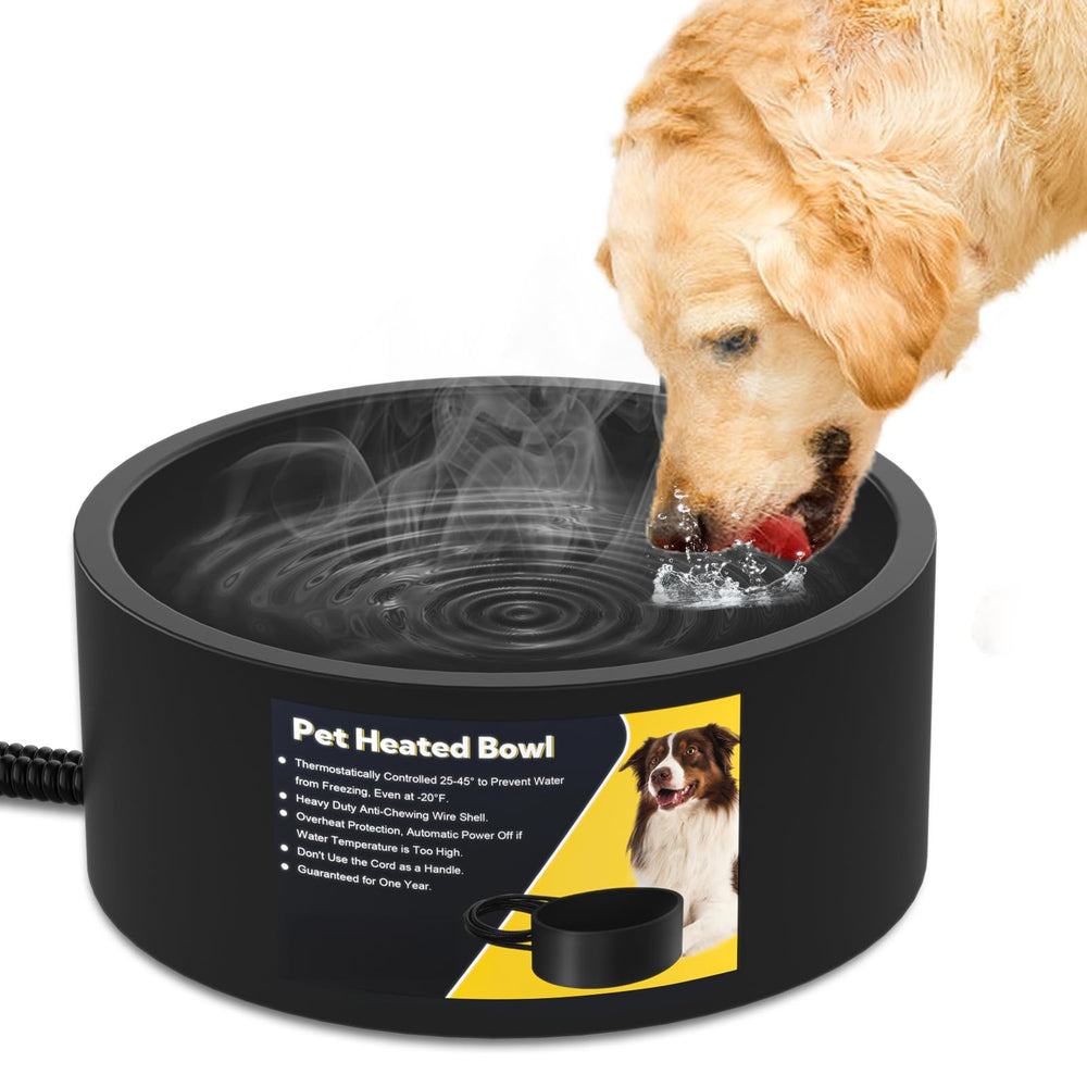 Yicostar heated water bowl exterior in black for outdoor pets keeps water warm.
