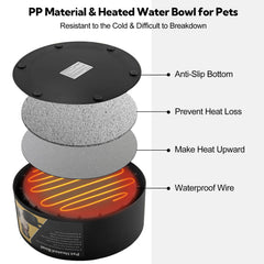Yicostar heated water bowl interior heating mechanism warms water gradually for pets.